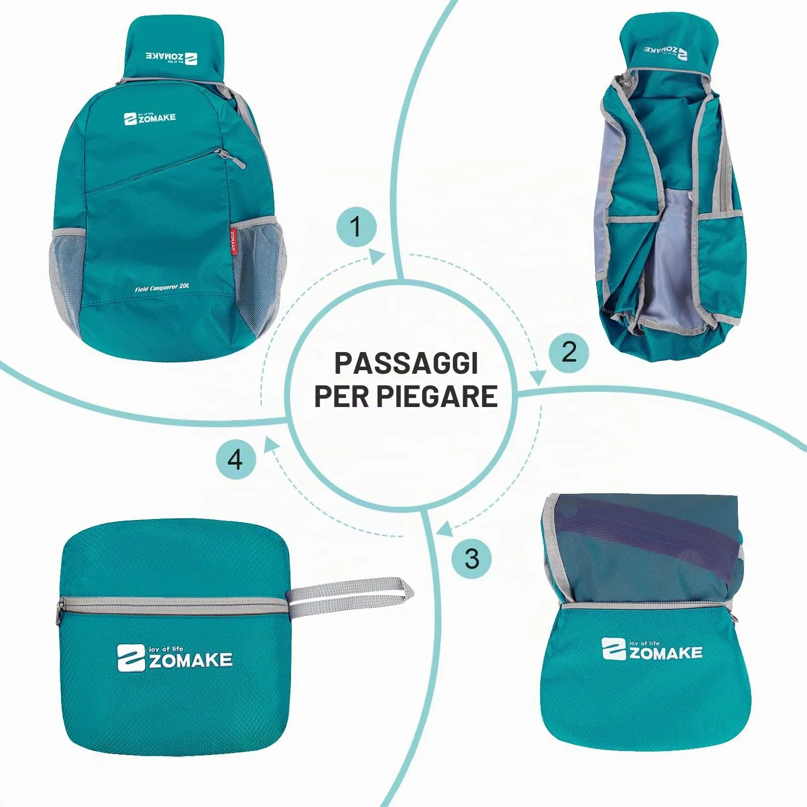 ZOMAKE Zaino Pieghevole Ultraleggero da Viaggio 20L (Lago Verde) - immagine 6
