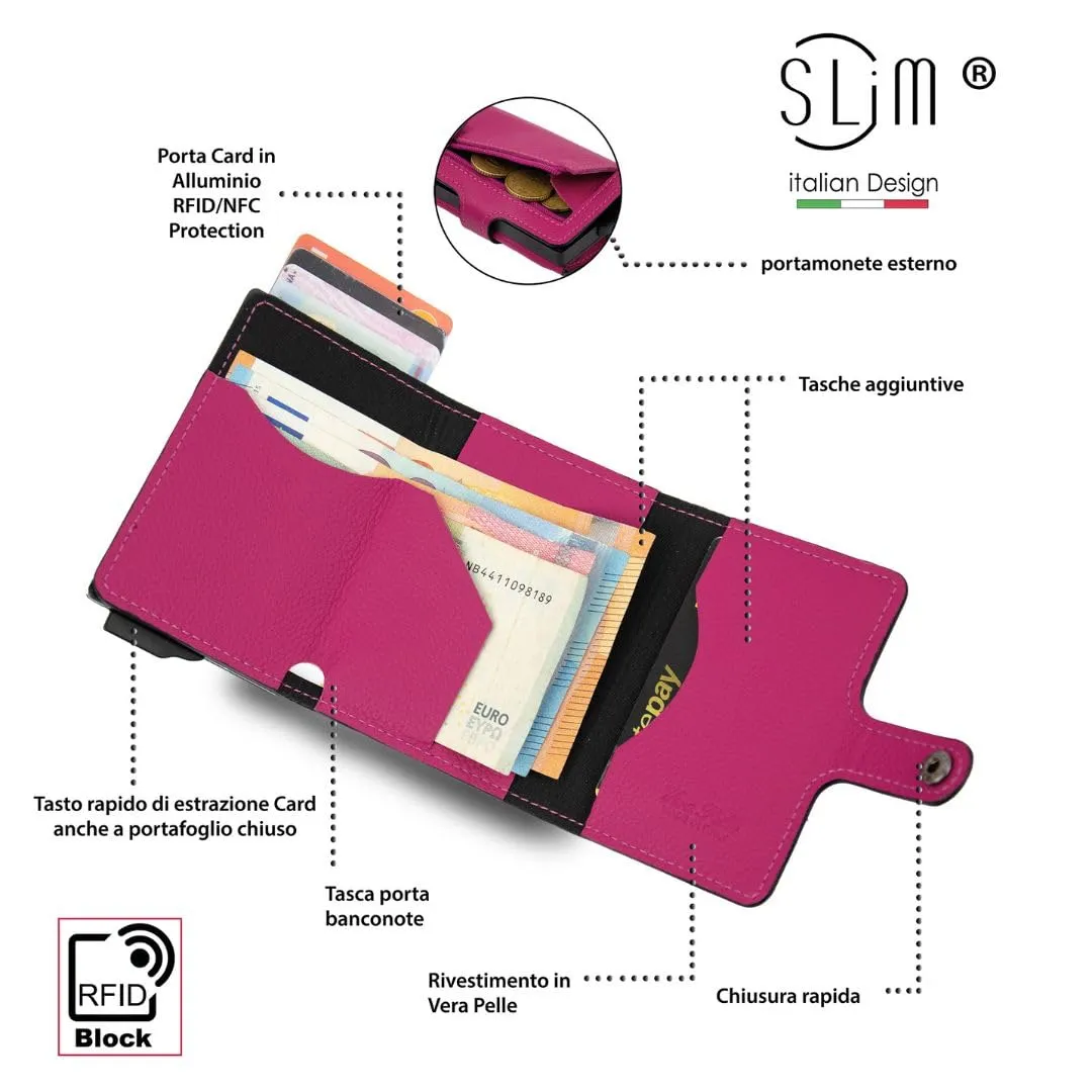 SLim Porta Carte di Credito RFID Portafoglio in Vera Pelle con Zip, Bottalato Fucsia - immagine 2