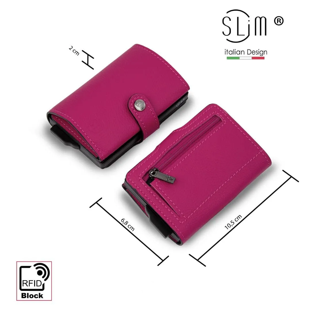 SLim Porta Carte di Credito RFID Portafoglio in Vera Pelle con Zip, Bottalato Fucsia - immagine 3