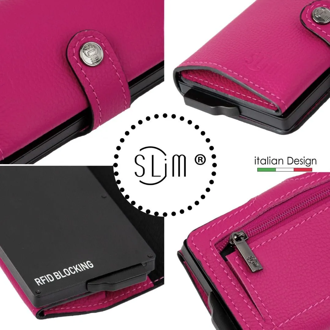 SLim Porta Carte di Credito RFID Portafoglio in Vera Pelle con Zip, Bottalato Fucsia - immagine 4