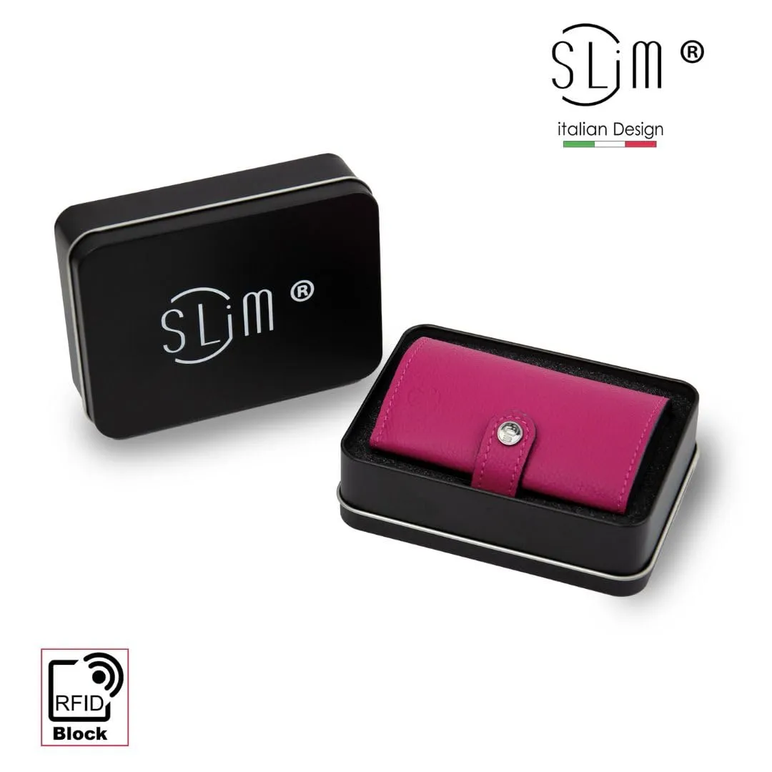 SLim Porta Carte di Credito RFID Portafoglio in Vera Pelle con Zip, Bottalato Fucsia - immagine 5