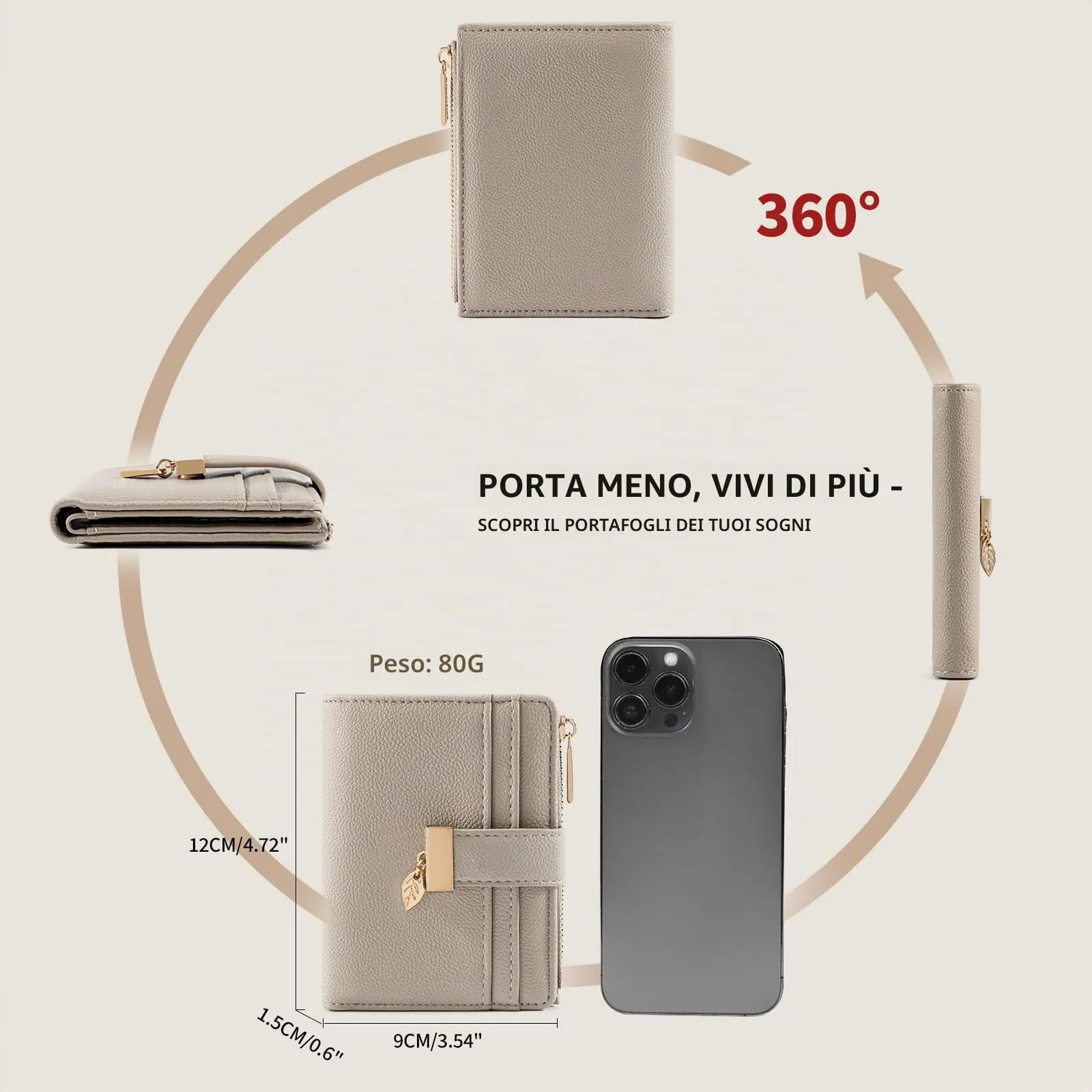 Pomelo Best Portafoglio Donna Compatto con Zip e Scomparti per Carte - Grigio Marrone - immagine 2