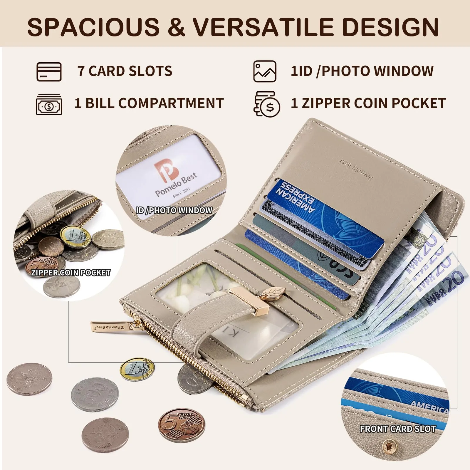 Pomelo Best Portafoglio Donna Compatto con Zip e Scomparti per Carte - Grigio Marrone - immagine 3