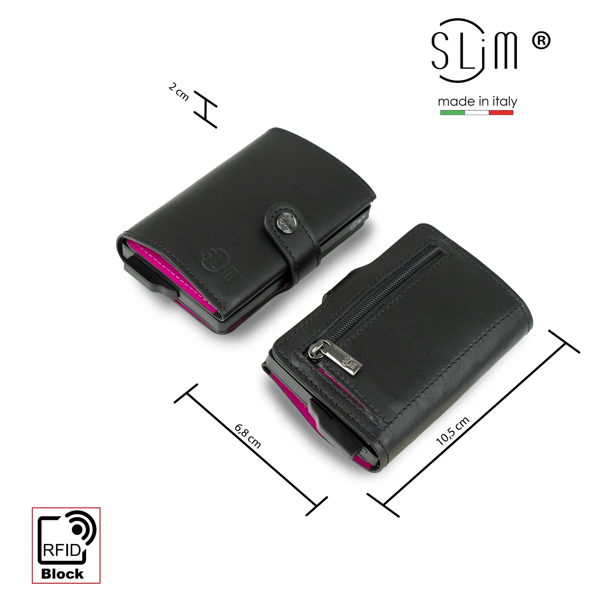 SLim Portafoglio Portacarte RFID in Vera Pelle con Zip - Nero e Fucsia - immagine 4