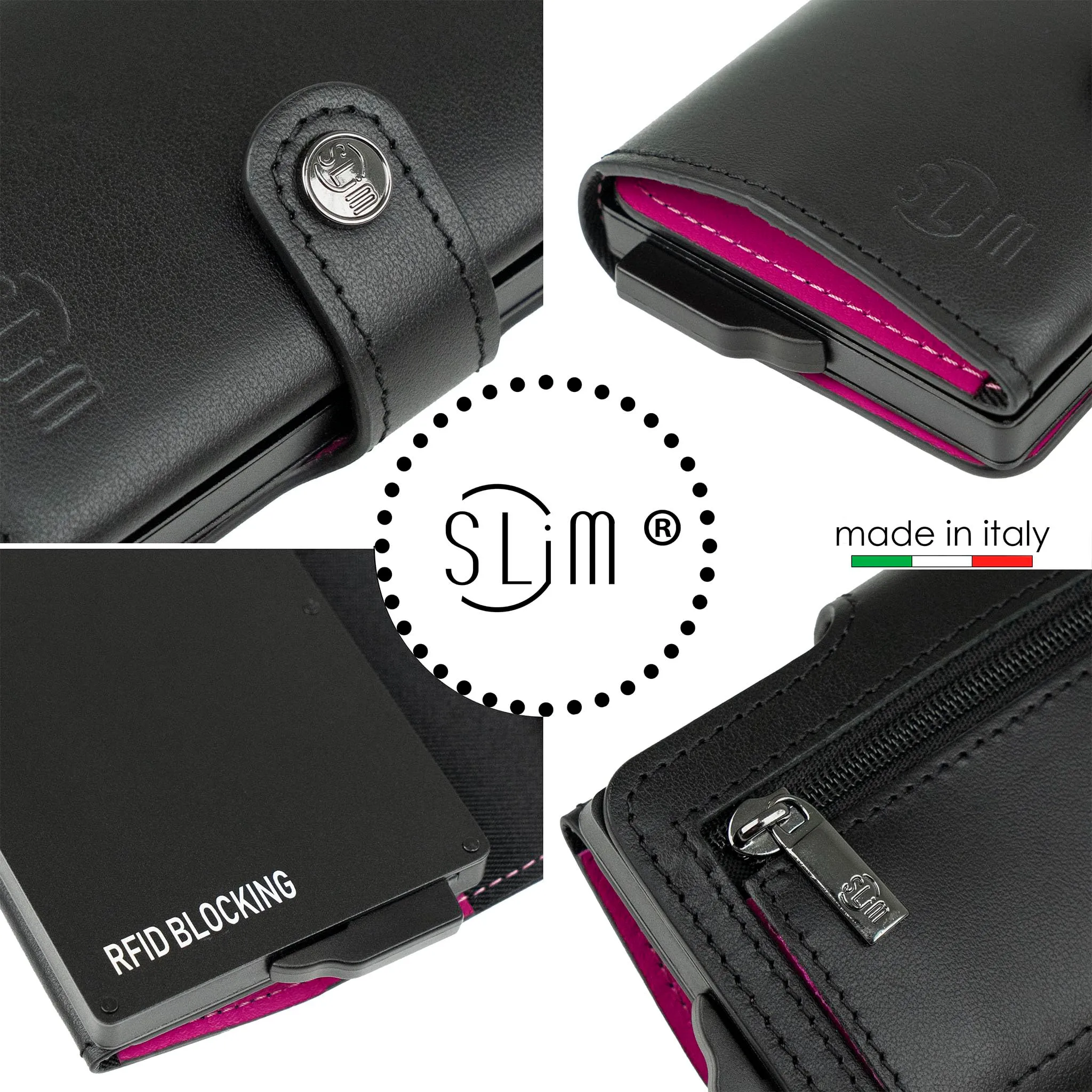 SLim Portafoglio Portacarte RFID in Vera Pelle con Zip - Nero e Fucsia - immagine 5