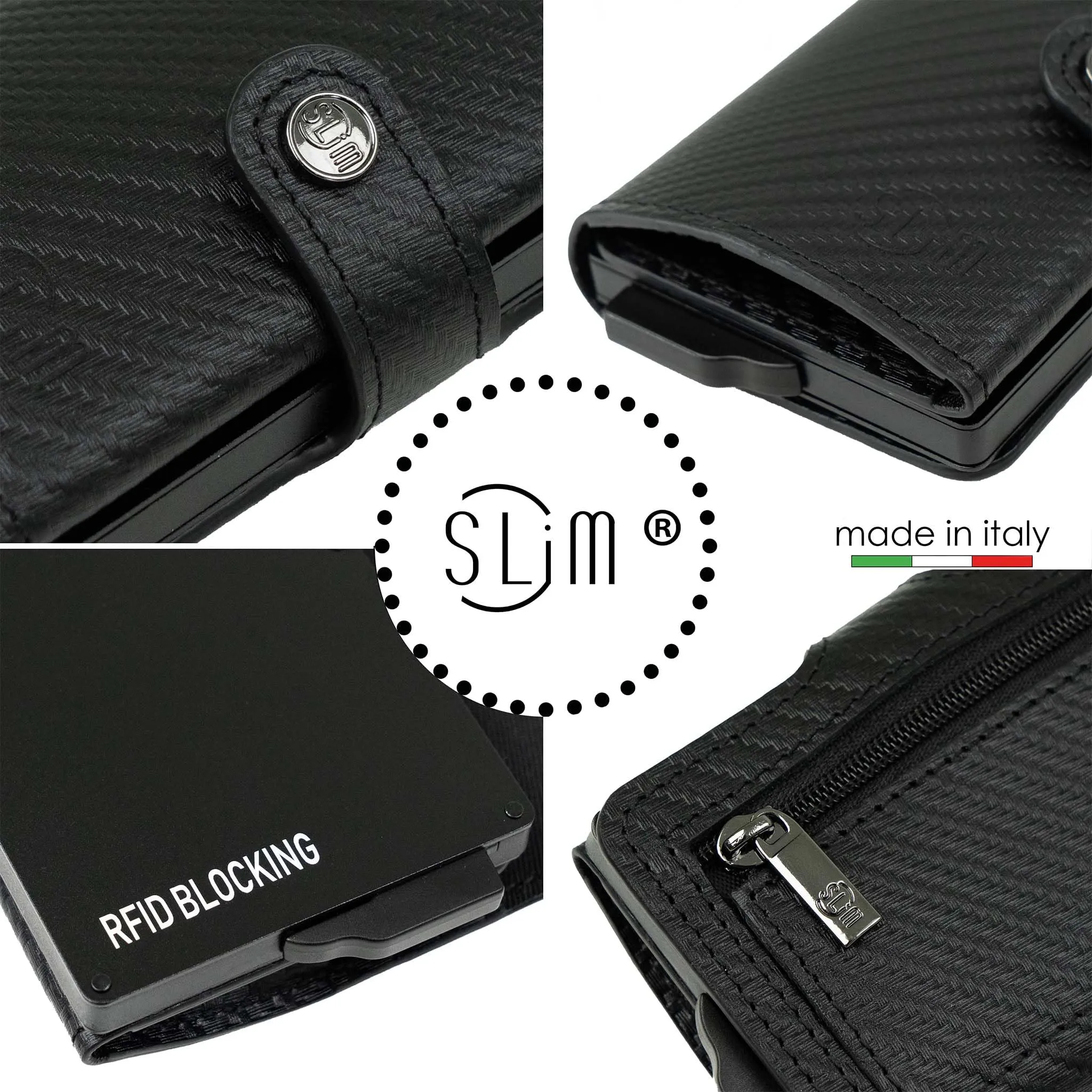 SLim Portafoglio Portacarte RFID Carbon Nero con Zip - immagine 4