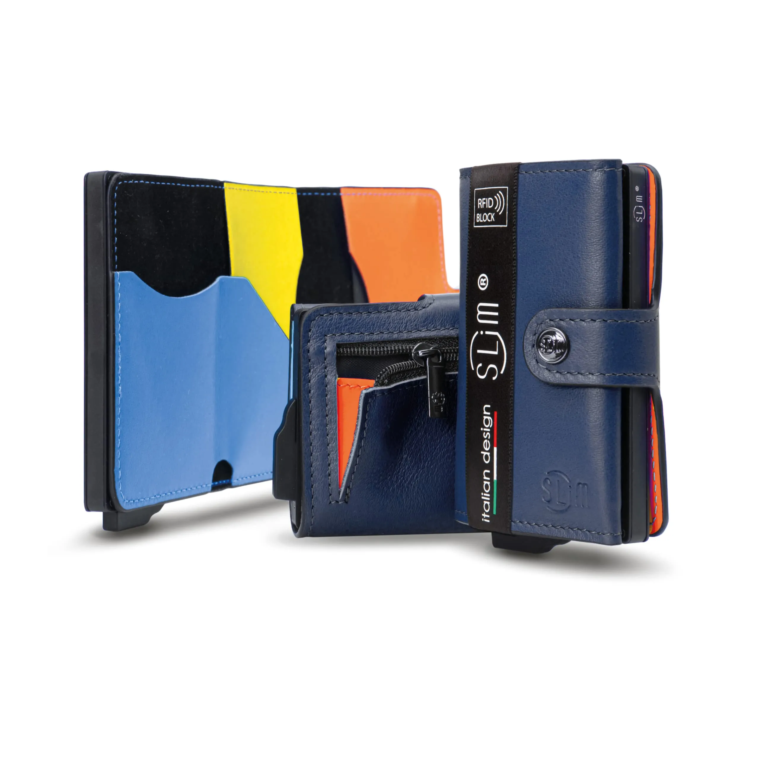SLim Portafoglio Portacarte RFID in Vera Pelle con Zip, Blu Multicolor - immagine 1
