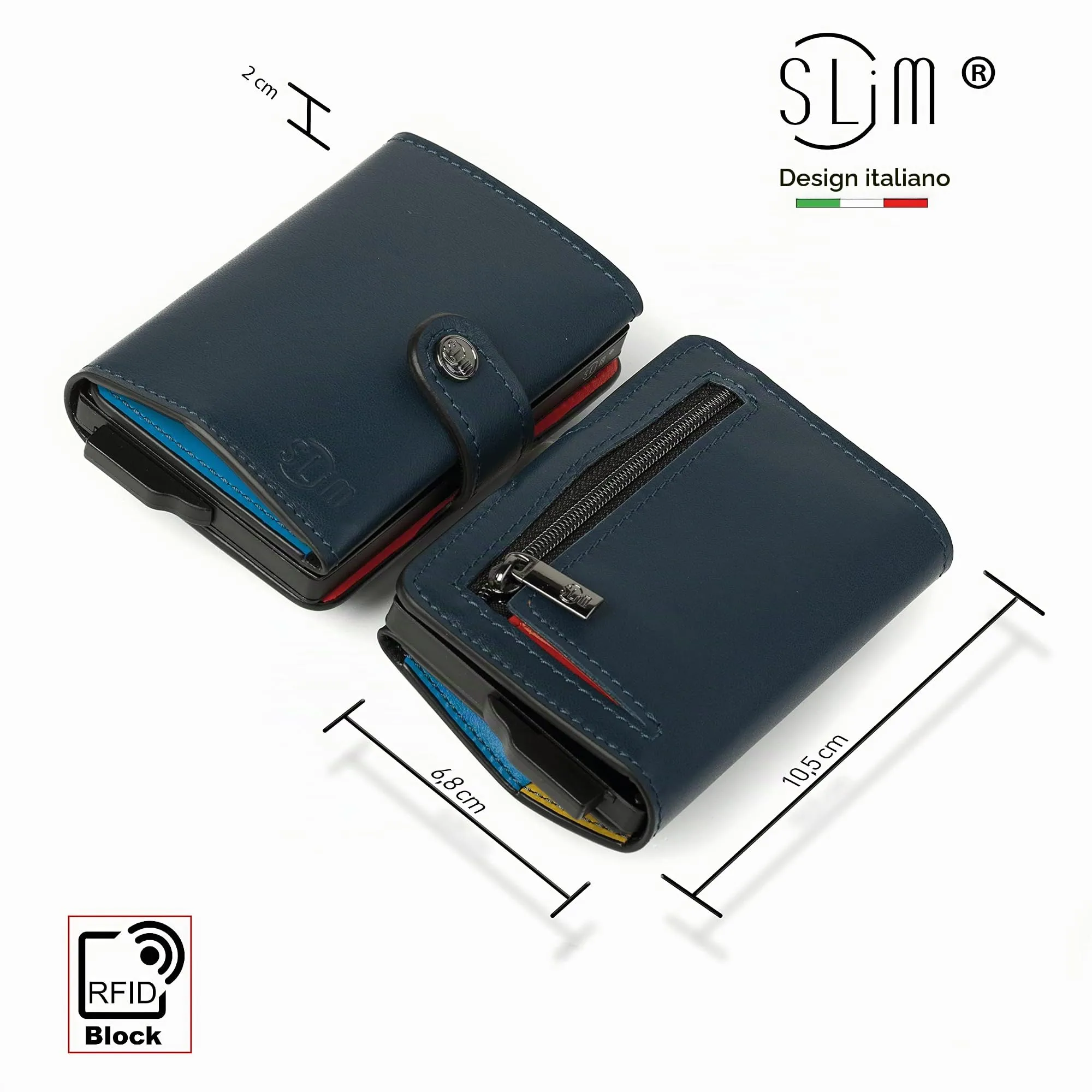 SLim Portafoglio Portacarte RFID in Vera Pelle con Zip, Blu Multicolor - immagine 3