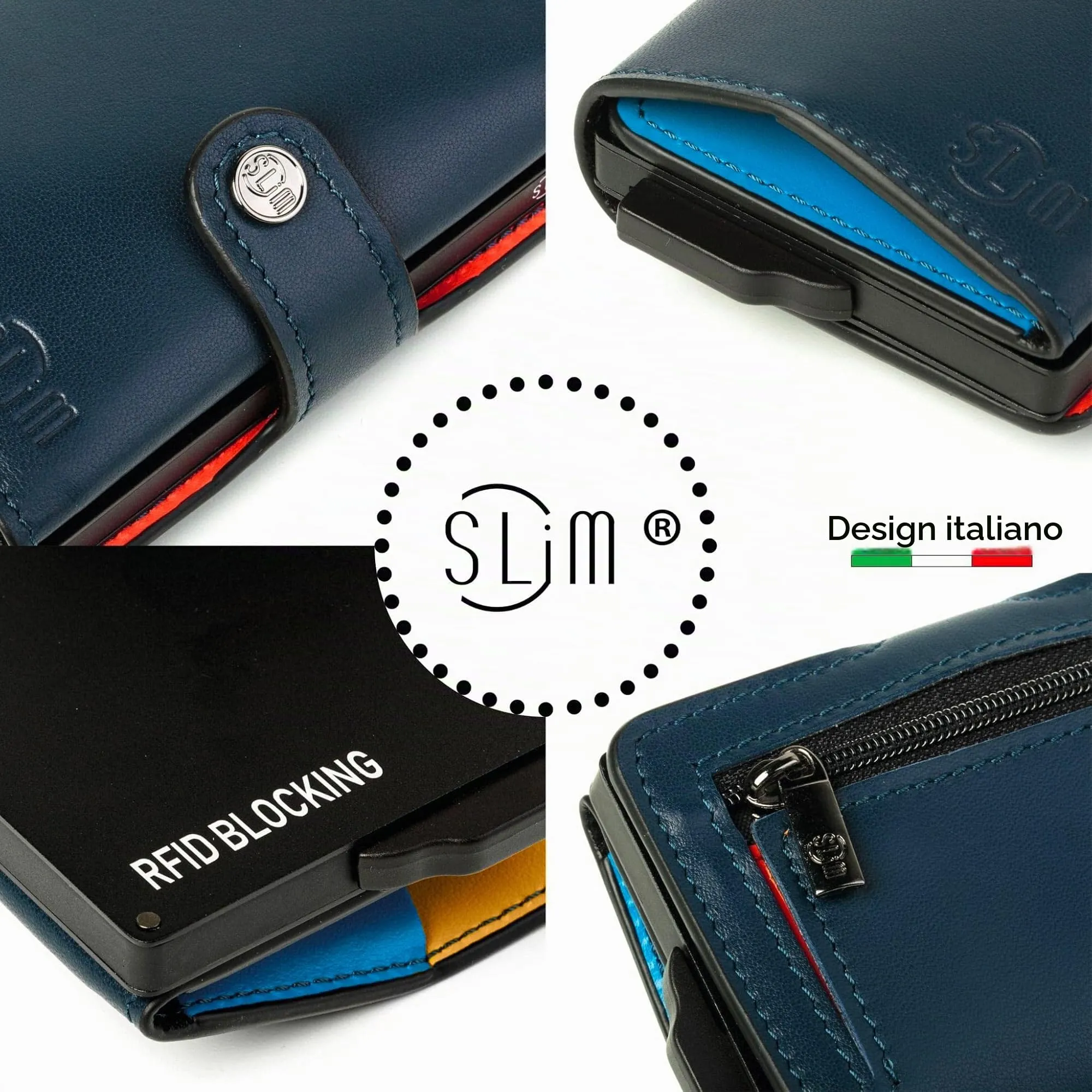 SLim Portafoglio Portacarte RFID in Vera Pelle con Zip, Blu Multicolor - immagine 4