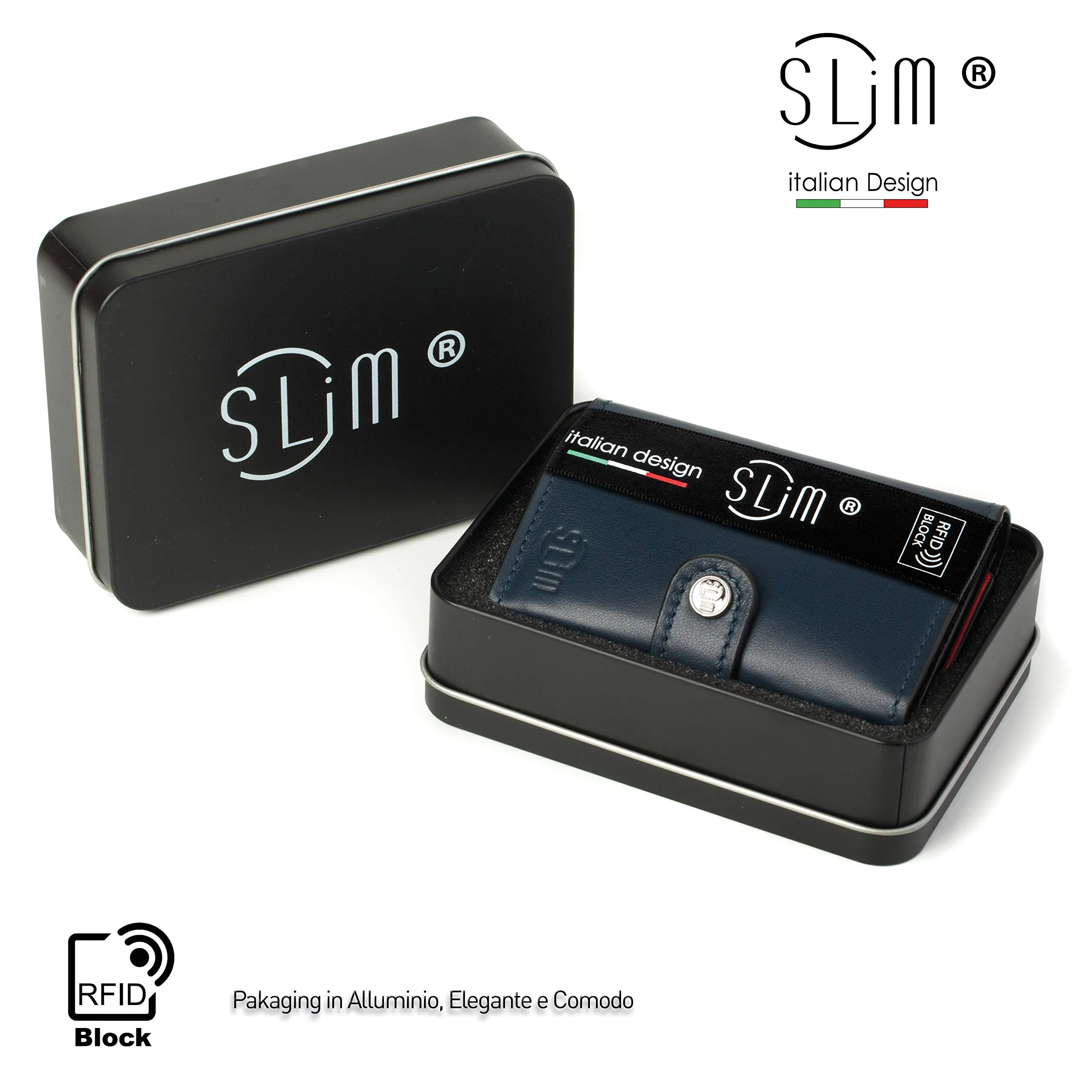 SLim Portafoglio Portacarte RFID in Vera Pelle con Zip, Blu Multicolor - immagine 5