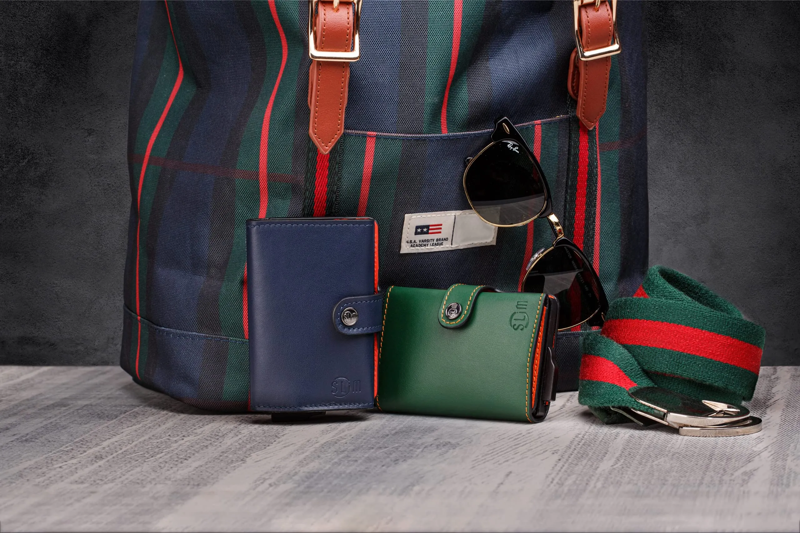 SLim Portafoglio Portacarte RFID in Vera Pelle con Zip, Blu Multicolor - immagine 6