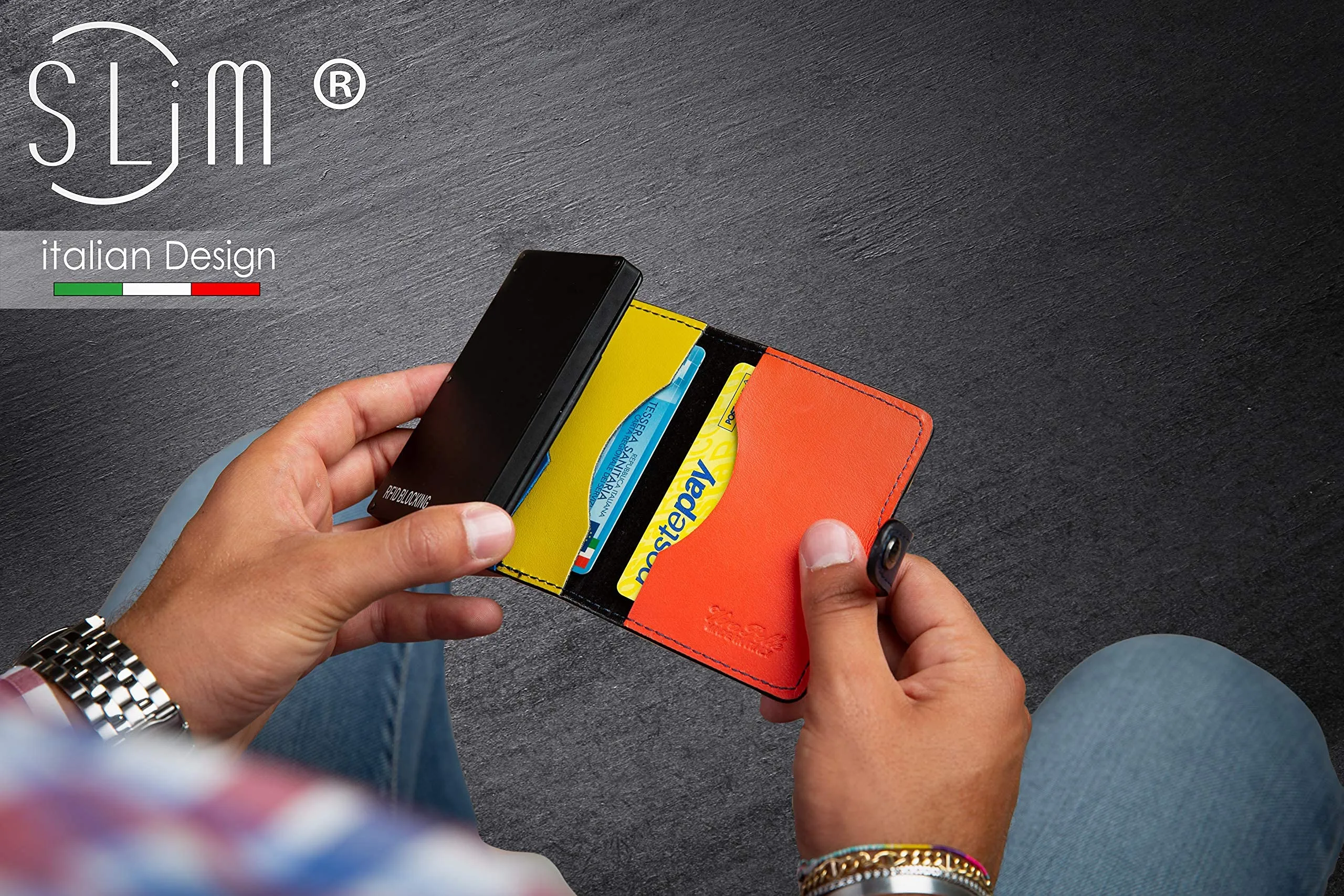 SLim Portafoglio Portacarte RFID in Vera Pelle con Zip, Blu Multicolor - immagine 8