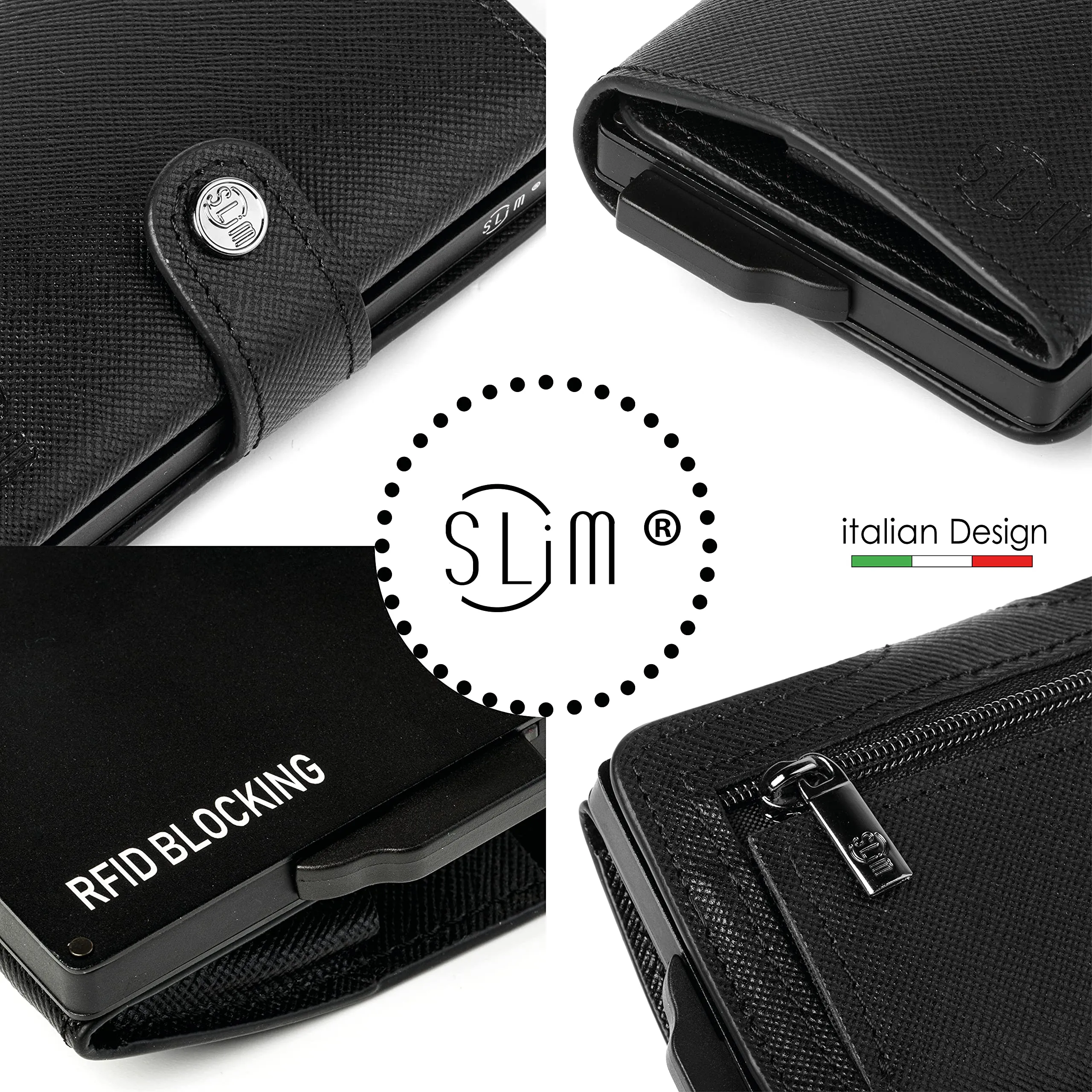 SLim Porta Carte di Credito RFID Saffiano Nero Con Zip - immagine 2
