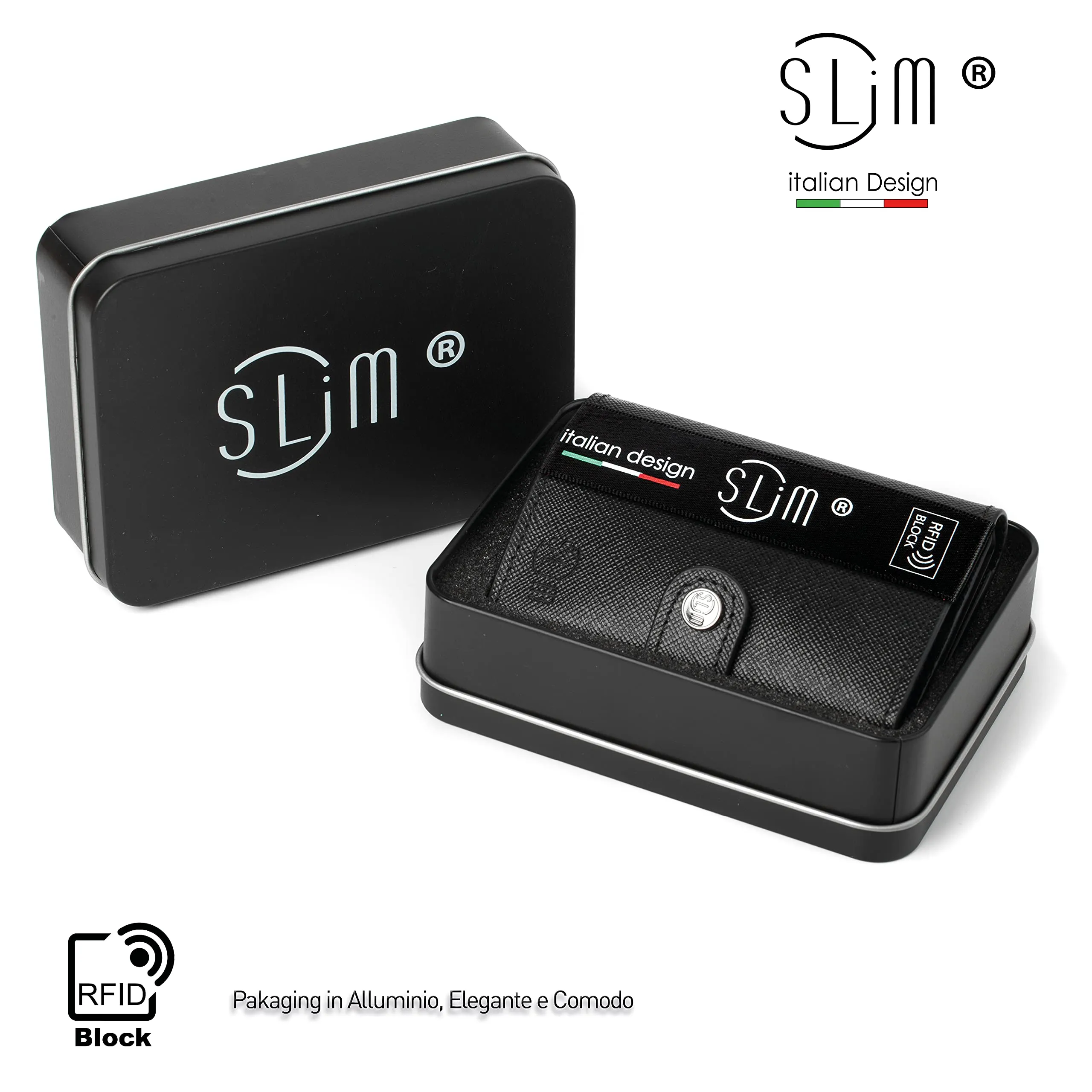 SLim Porta Carte di Credito RFID Saffiano Nero Con Zip - immagine 5