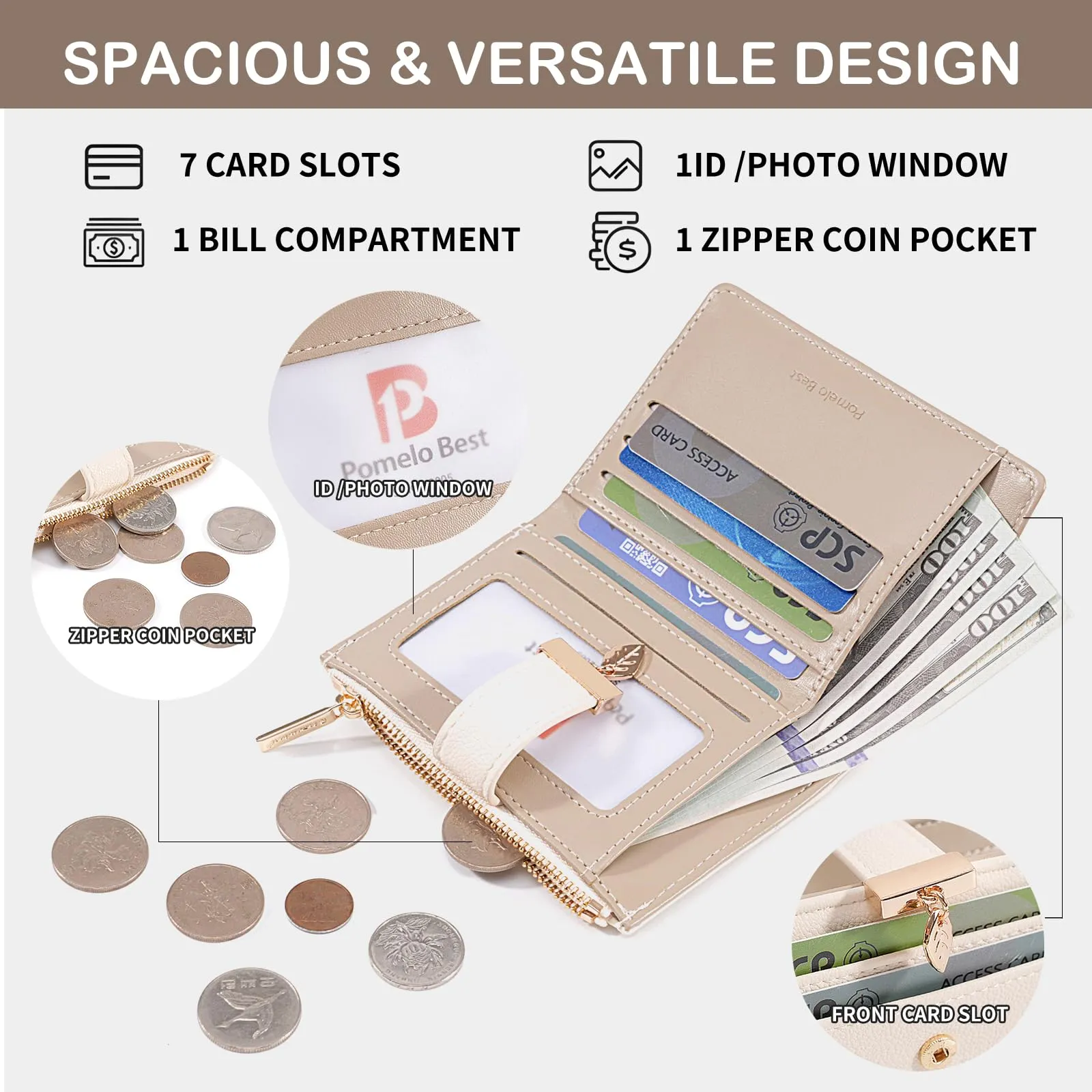 Pomelo Best Piccolo Portafoglio Donna con Zip e Scomparti per Carte (Beige) - immagine 2