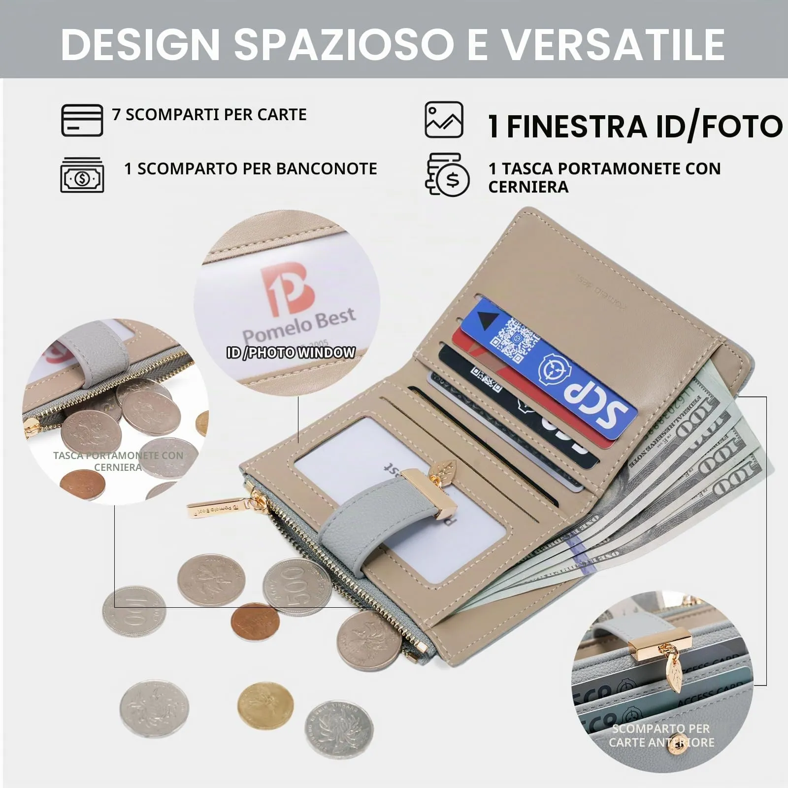 Pomelo Best Piccolo Portafoglio Donna Compatto con Zip e Scomparti per Carte - Grigio - immagine 2