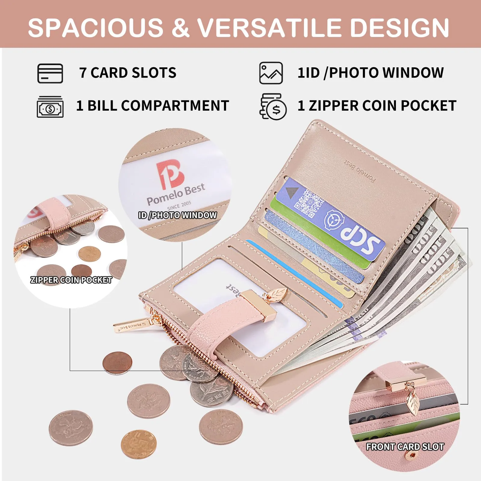Pomelo Best Portafoglio Donna Compatto con Zip (Beige) - immagine 2