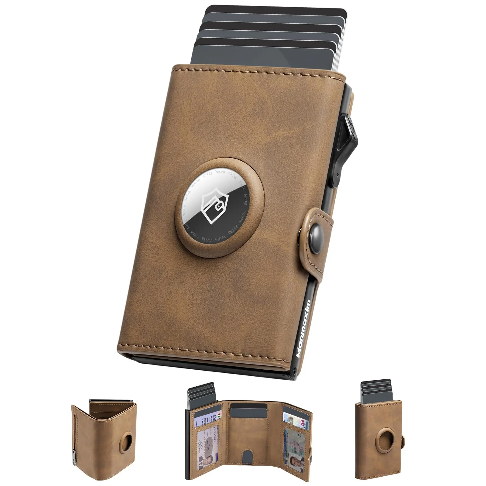 Manmaxim Portafoglio Uomo Slim con Scomparto AirTag, Portacarte RFID Pop-up per 9-12 Carte, Vintage Marrone - immagine 1