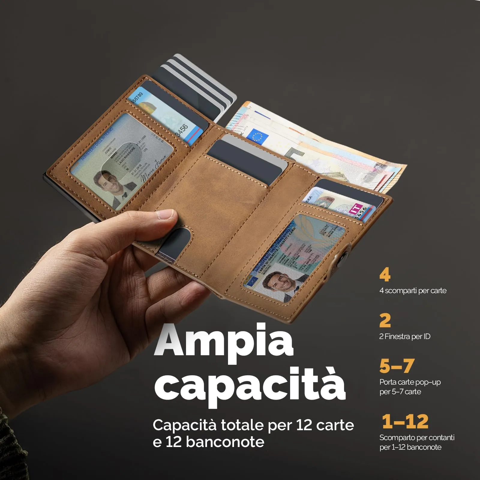 Manmaxim Portafoglio Uomo Slim con Scomparto AirTag, Portacarte RFID Pop-up per 9-12 Carte, Vintage Marrone - immagine 3