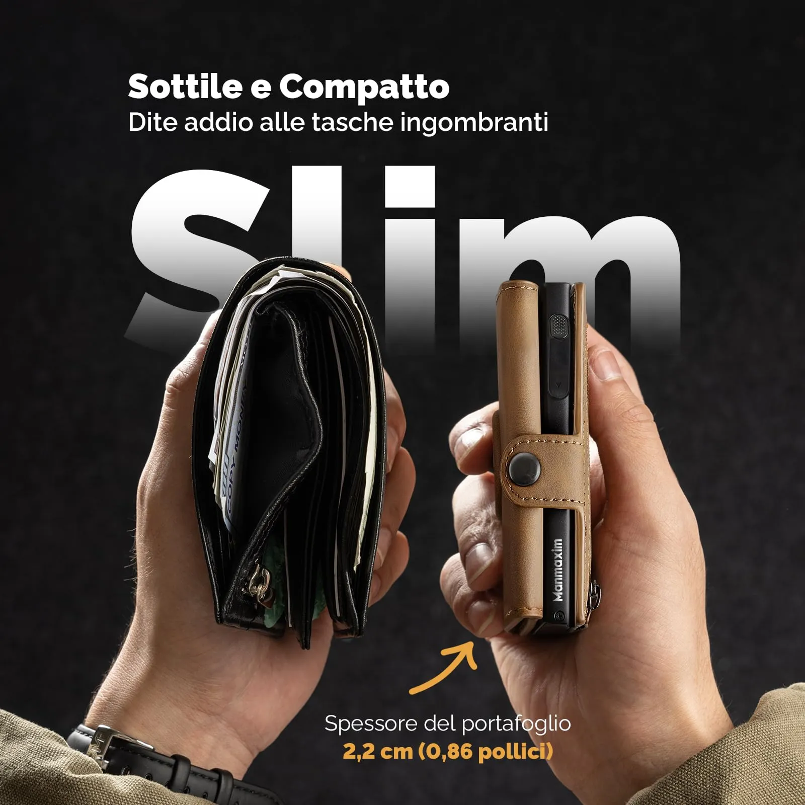 Manmaxim Portafoglio Uomo Slim con Scomparto AirTag, Portacarte RFID Pop-up per 9-12 Carte, Vintage Marrone - immagine 5