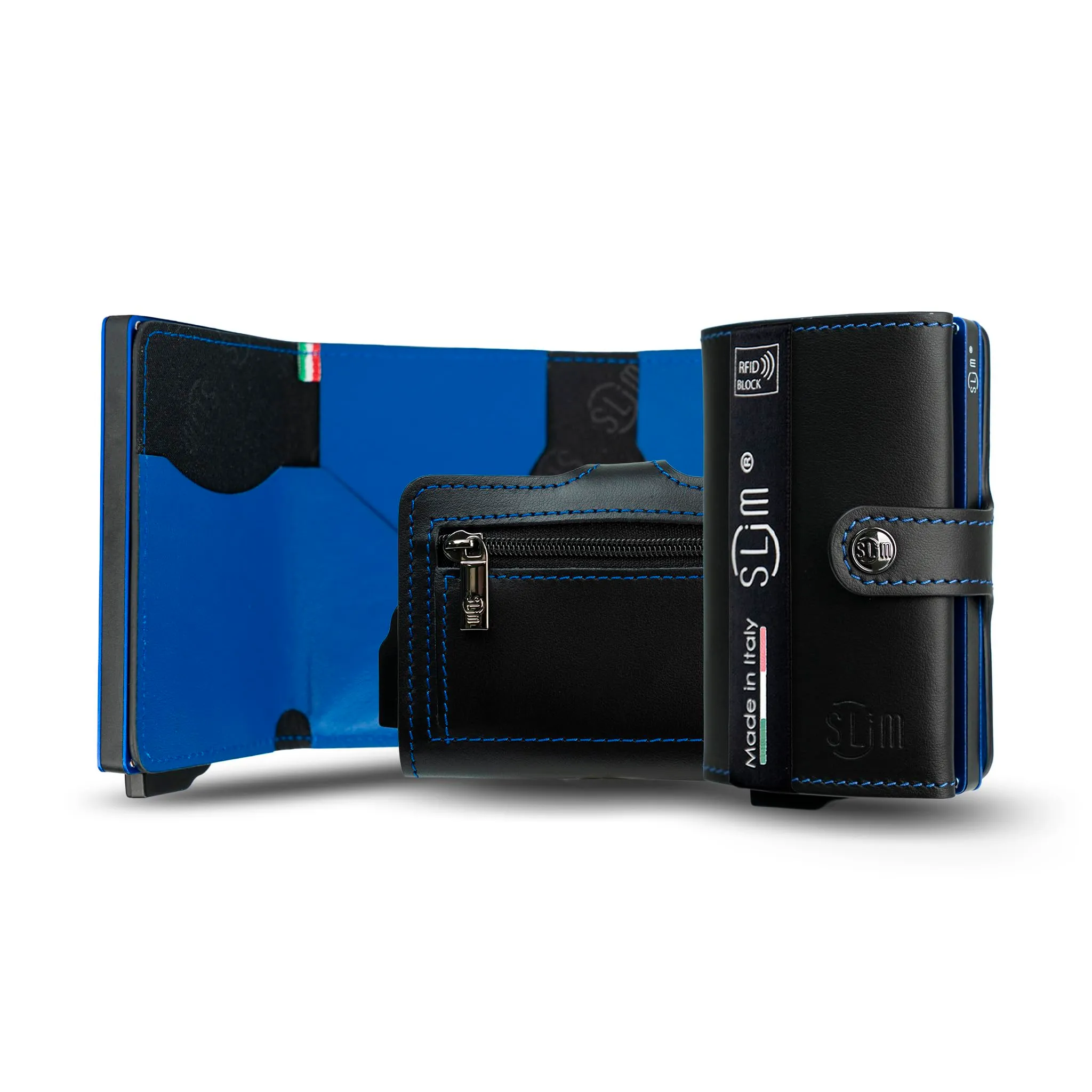 SLim Porta Carte di Credito Rfid in Vera Pelle con Zip, Nero e Blu - immagine 1