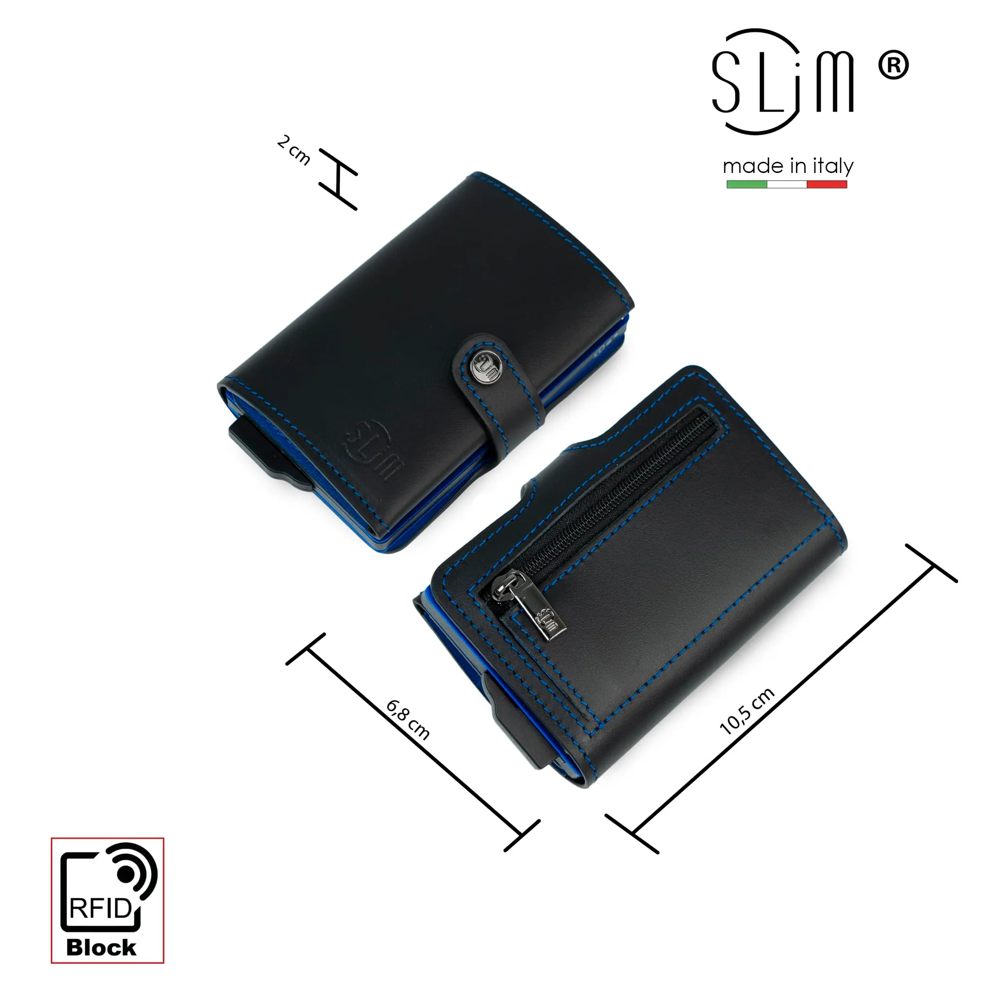 SLim Porta Carte di Credito Rfid in Vera Pelle con Zip, Nero e Blu - immagine 3