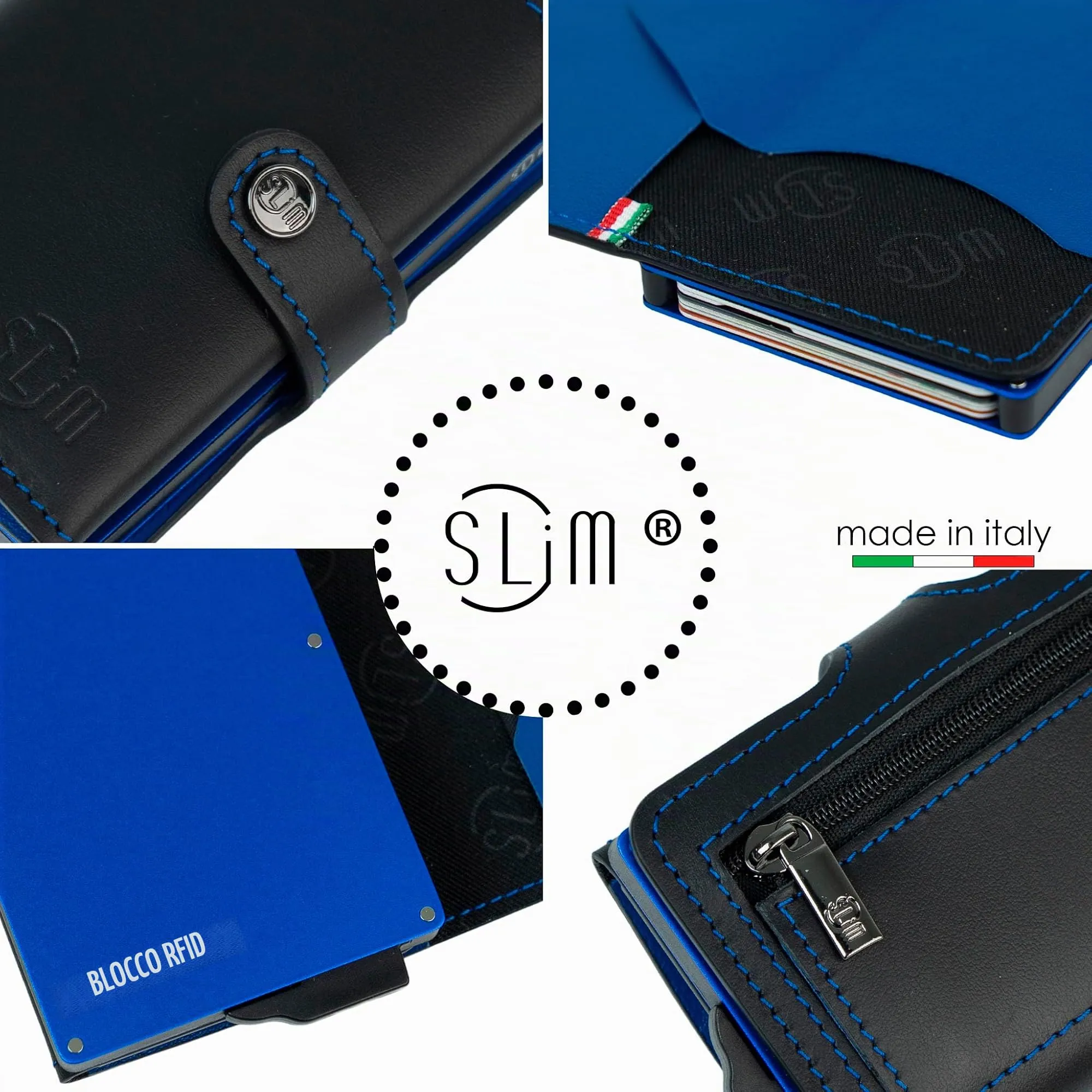 SLim Porta Carte di Credito Rfid in Vera Pelle con Zip, Nero e Blu - immagine 4