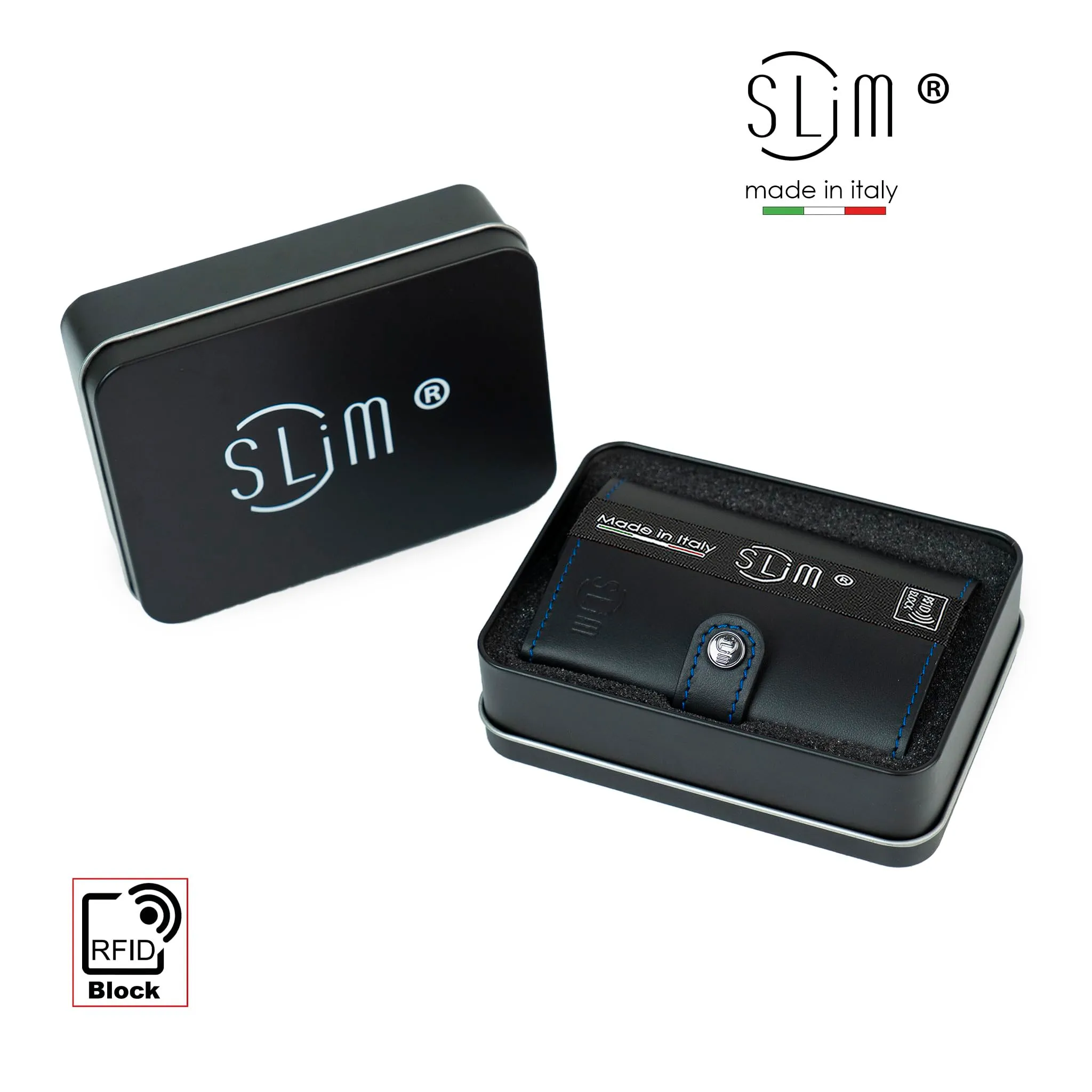 SLim Porta Carte di Credito Rfid in Vera Pelle con Zip, Nero e Blu - immagine 5