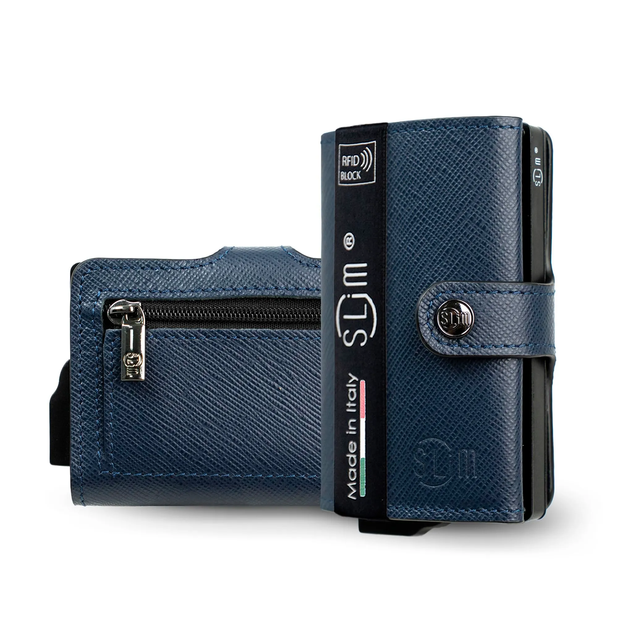 SLim Porta Carte di Credito RFID Portafoglio Saffiano Blu Con Zip - immagine 1