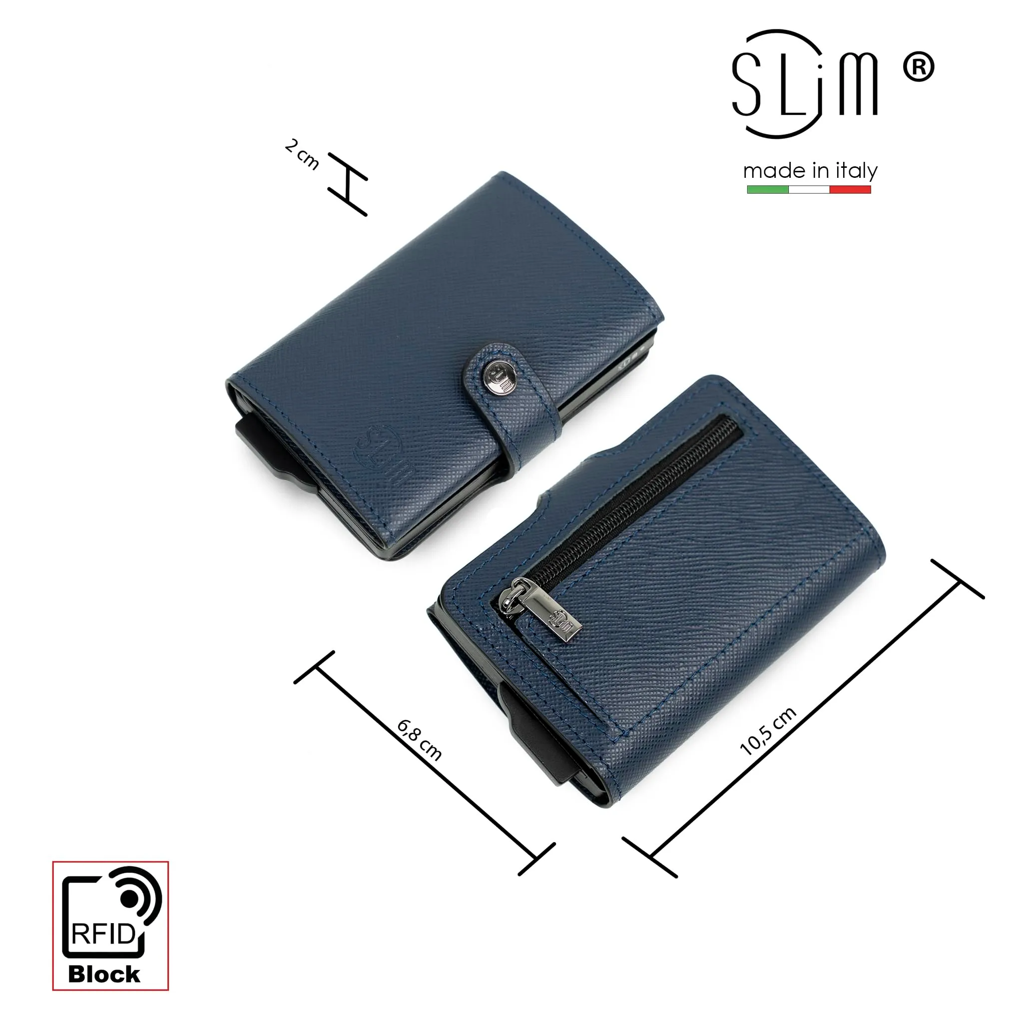 SLim Porta Carte di Credito RFID Portafoglio Saffiano Blu Con Zip - immagine 3