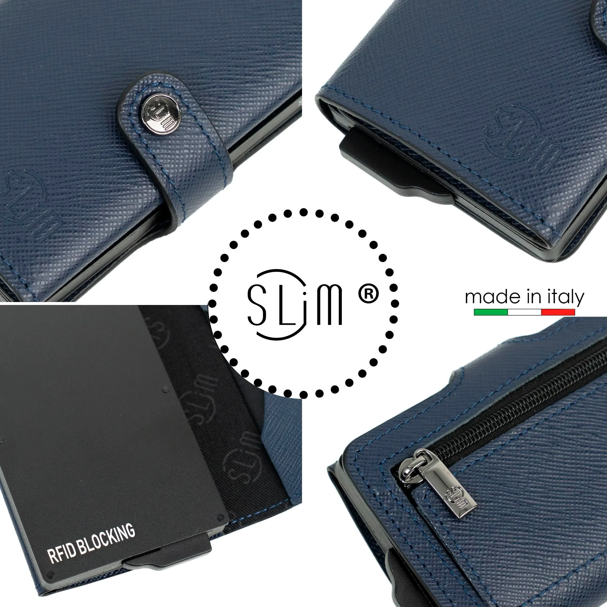 SLim Porta Carte di Credito RFID Portafoglio Saffiano Blu Con Zip - immagine 4