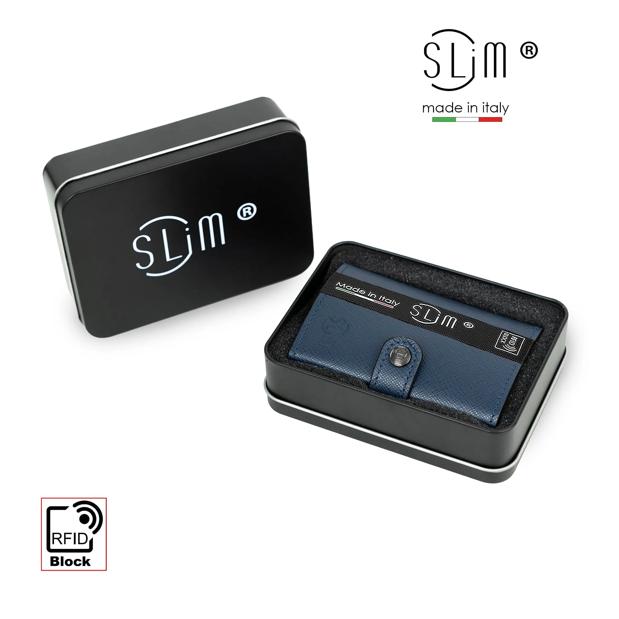 SLim Porta Carte di Credito RFID Portafoglio Saffiano Blu Con Zip - immagine 5
