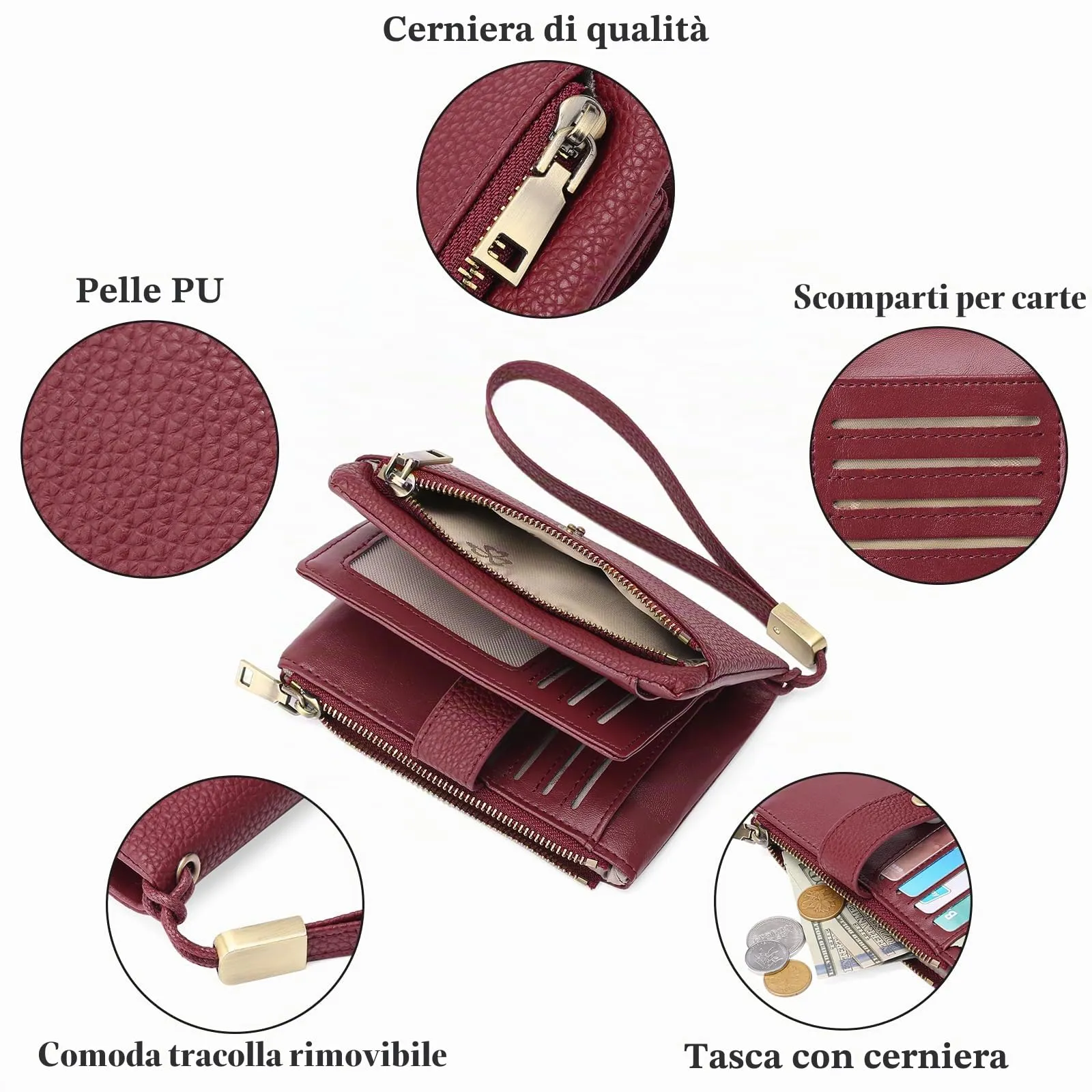 SENDEFN Portafoglio Donna Medio in Pelle con Blocco RFID, Portamonete e Tracolla Staccabile - immagine 3