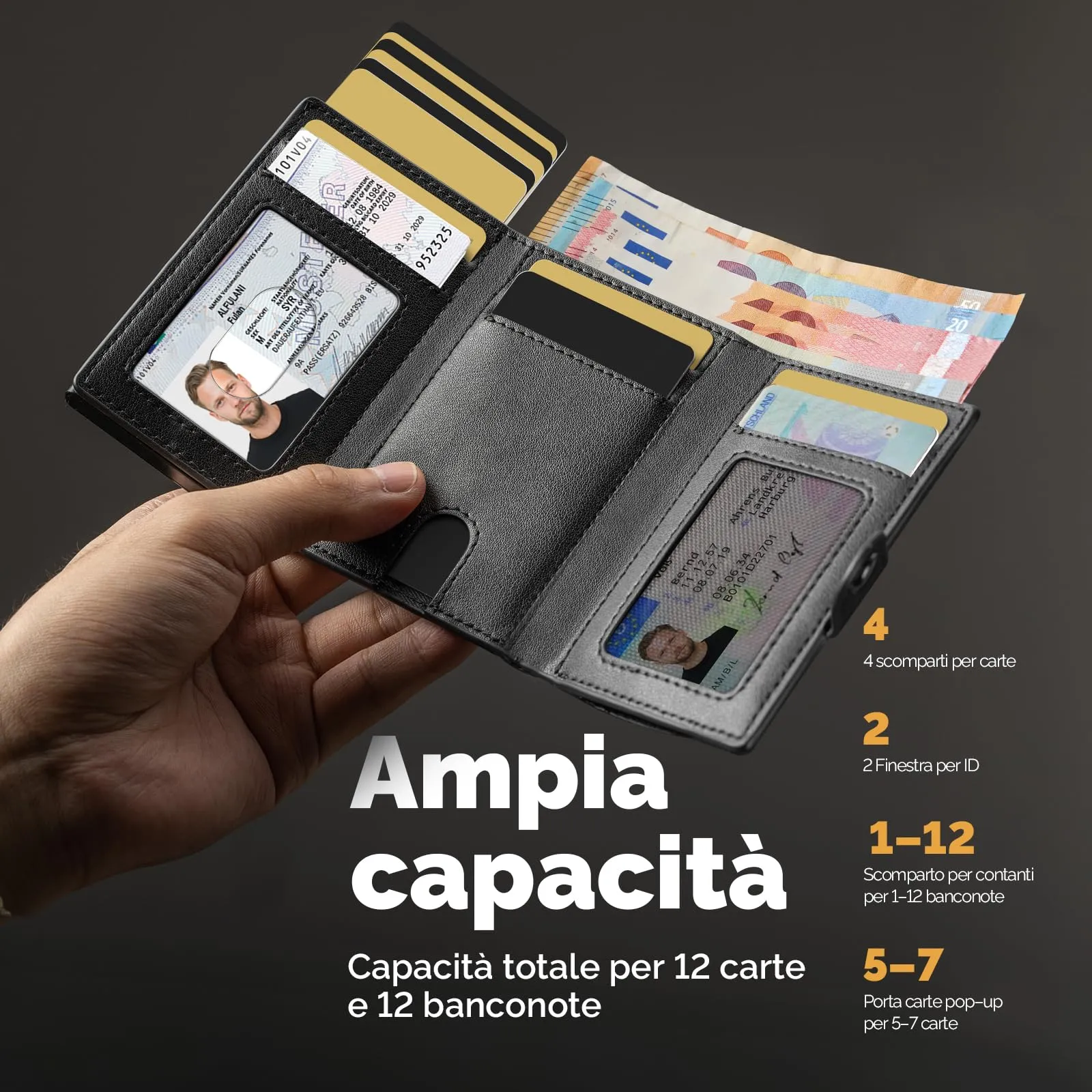 Manmaxim Portafoglio Uomo AirTag, Portacarte Slim Pop-Up RFID, Capacità 9-12 Carte e Portamonete, Nero - immagine 3