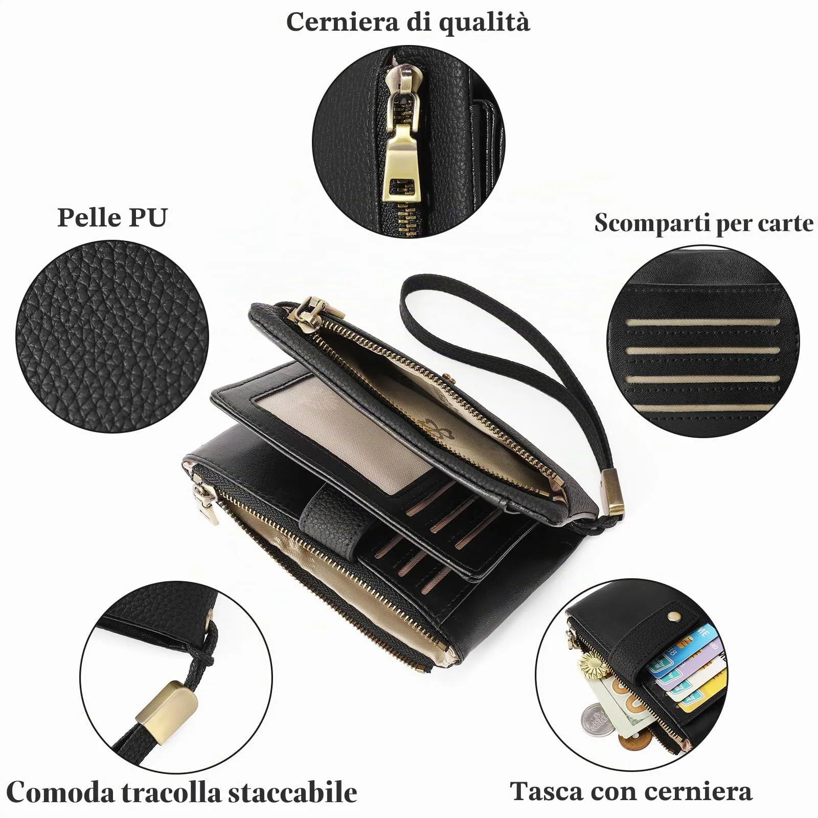 SENDEFN Portafoglio Medio in Pelle con Blocco RFID e Tracolla Staccabile per Donna - immagine 3