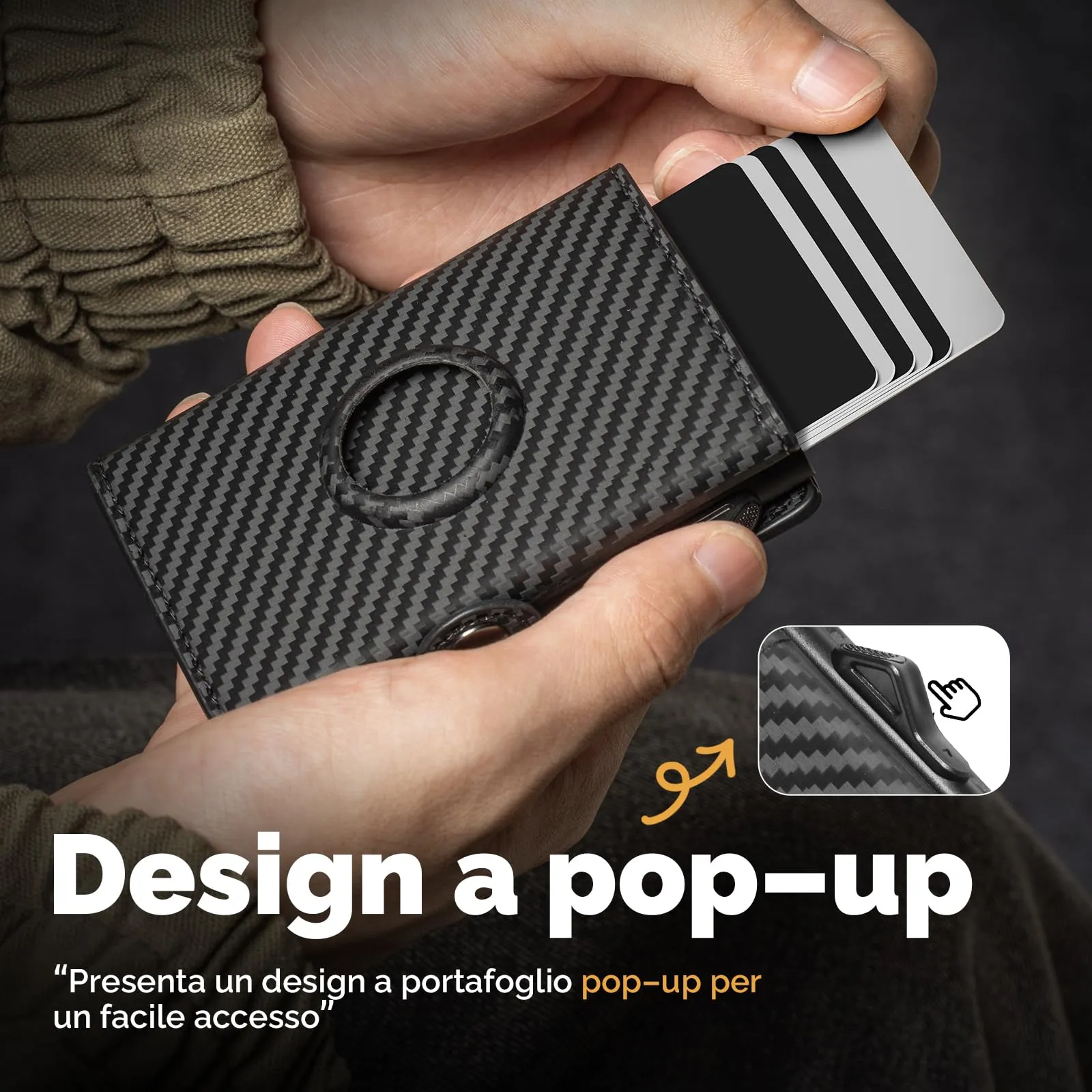 Manmaxim Portafoglio Uomo AirTag, Portacarte Slim RFID Pop-Up, Capacità 9-12 Carte e 2 Finestre ID, Nero - immagine 2