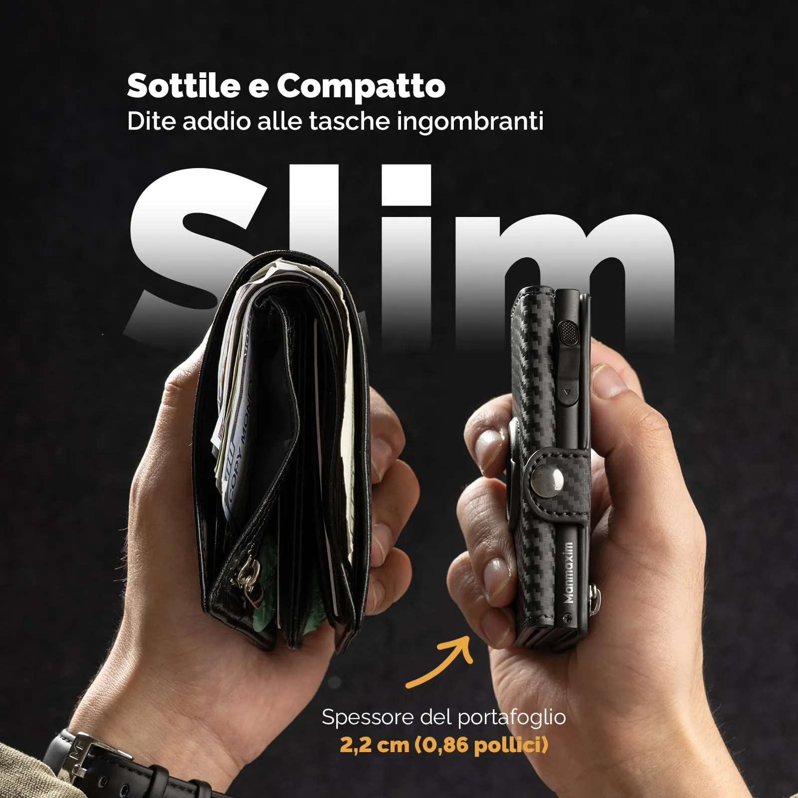 Manmaxim Portafoglio Uomo AirTag, Portacarte Slim RFID Pop-Up, Capacità 9-12 Carte e 2 Finestre ID, Nero - immagine 4