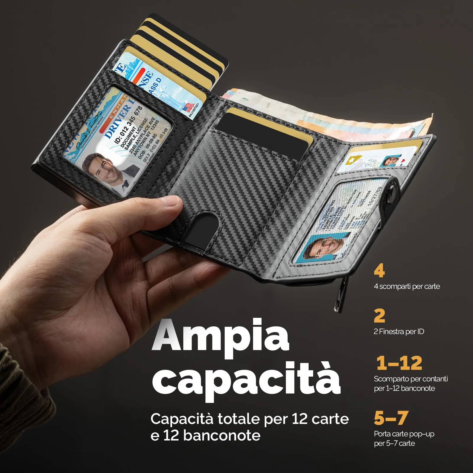 Manmaxim Portafoglio Uomo AirTag, Portacarte Slim RFID Pop-Up, Capacità 9-12 Carte e 2 Finestre ID, Nero - immagine 5