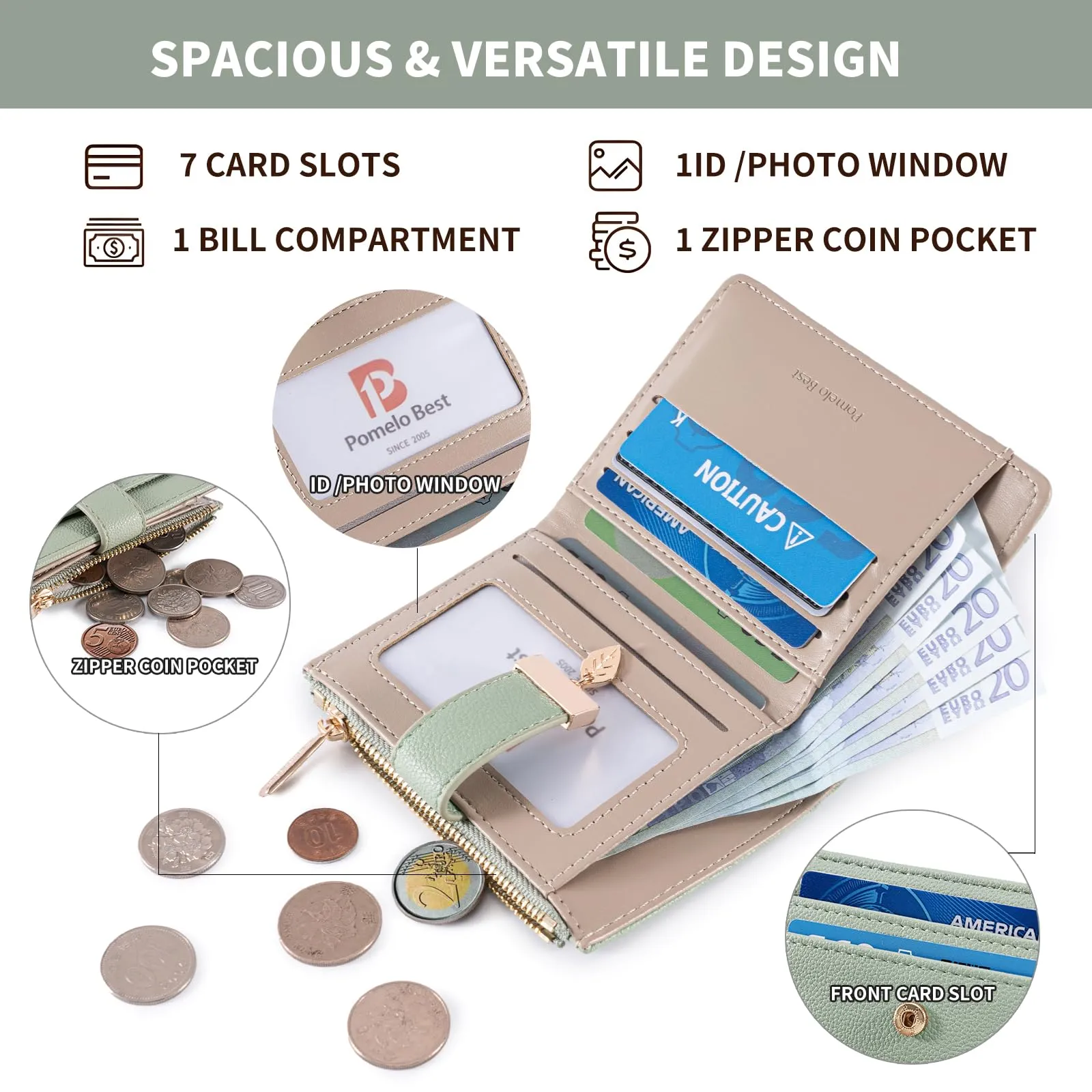 Pomelo Best Piccolo Portafoglio Donna Compatto con Zip e Scomparti per Carte - Verde - immagine 3