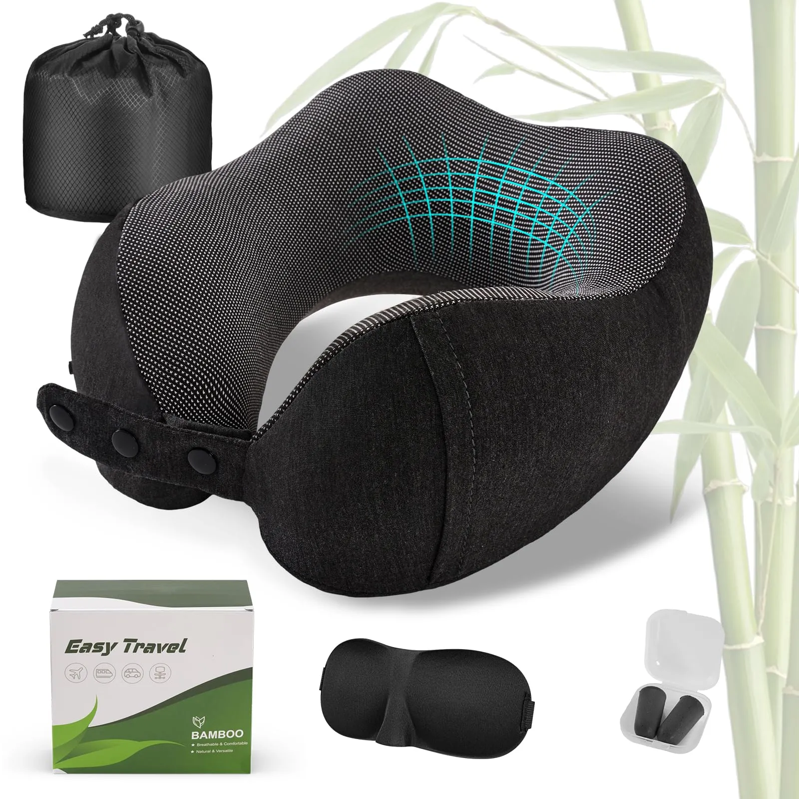 Cirorld Cuscino da Viaggio per Collo in Memory Foam Regolabile, con Maschera per Dormire, Tappi Auricolari e Borsa per Trasporto - immagine 1