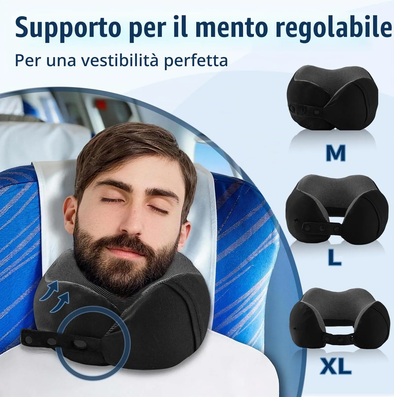 Cirorld Cuscino da Viaggio per Collo in Memory Foam Regolabile con Maschera per Dormire, Tappi Auricolari e Borsa per Trasporto - immagine 3