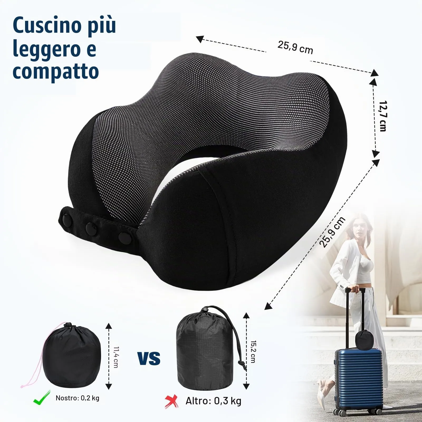 Cirorld Cuscino da Viaggio per Collo in Memory Foam Regolabile con Maschera per Dormire, Tappi Auricolari e Borsa per Trasporto - immagine 7