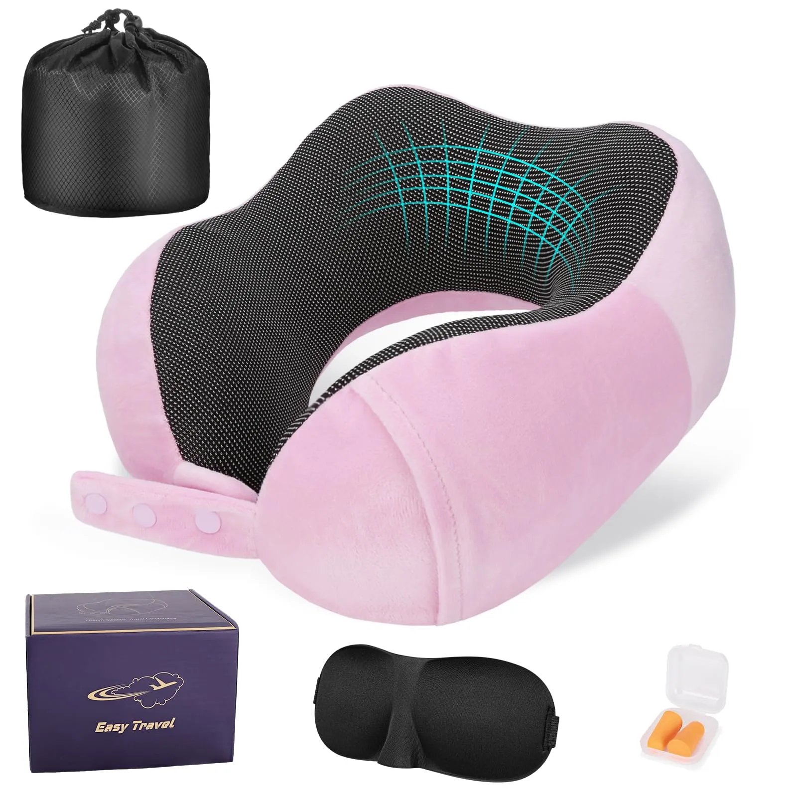 Cirorld Cuscino da Viaggio per Collo in Memory Foam Regolabile con Maschera, Tappi Auricolari e Borsa per Trasporto - immagine 1