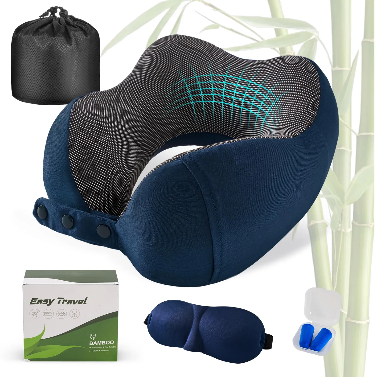Cirorld Cuscino da Viaggio per Collo in Memory Foam Regolabile, con Maschera per Dormire, Tappi Auricolari e Borsa per Trasporto - immagine 1
