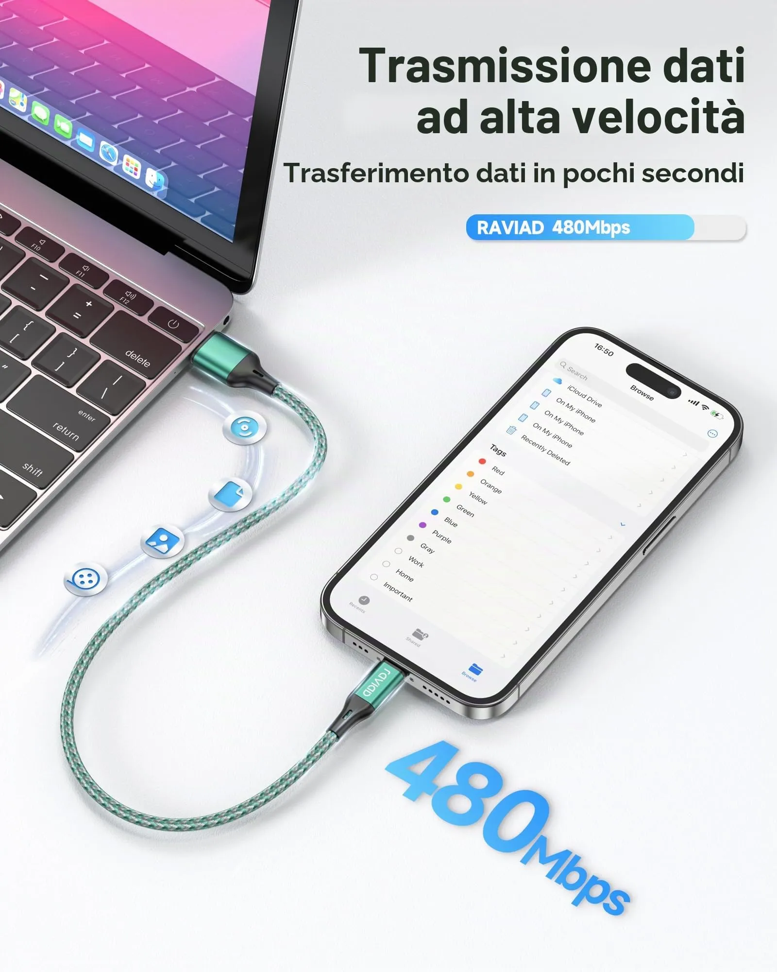 RAVIAD Cavo Lightning per iPhone, 0.5M, 3 Pezzi, Certificato MFi - immagine 6