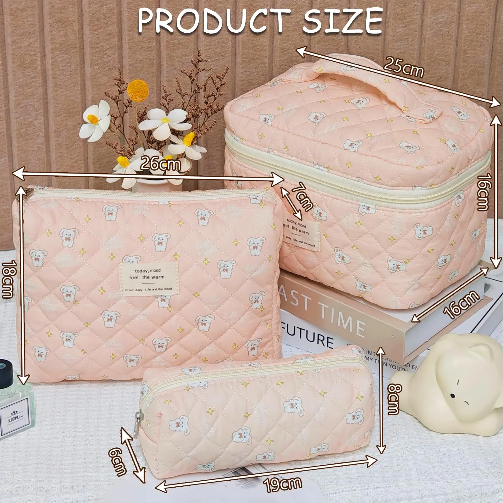 Aucuu Beauty Case Floreale Trapuntato in Cotone, Set da 3 Pezzi per Trucco e Toilette - immagine 2