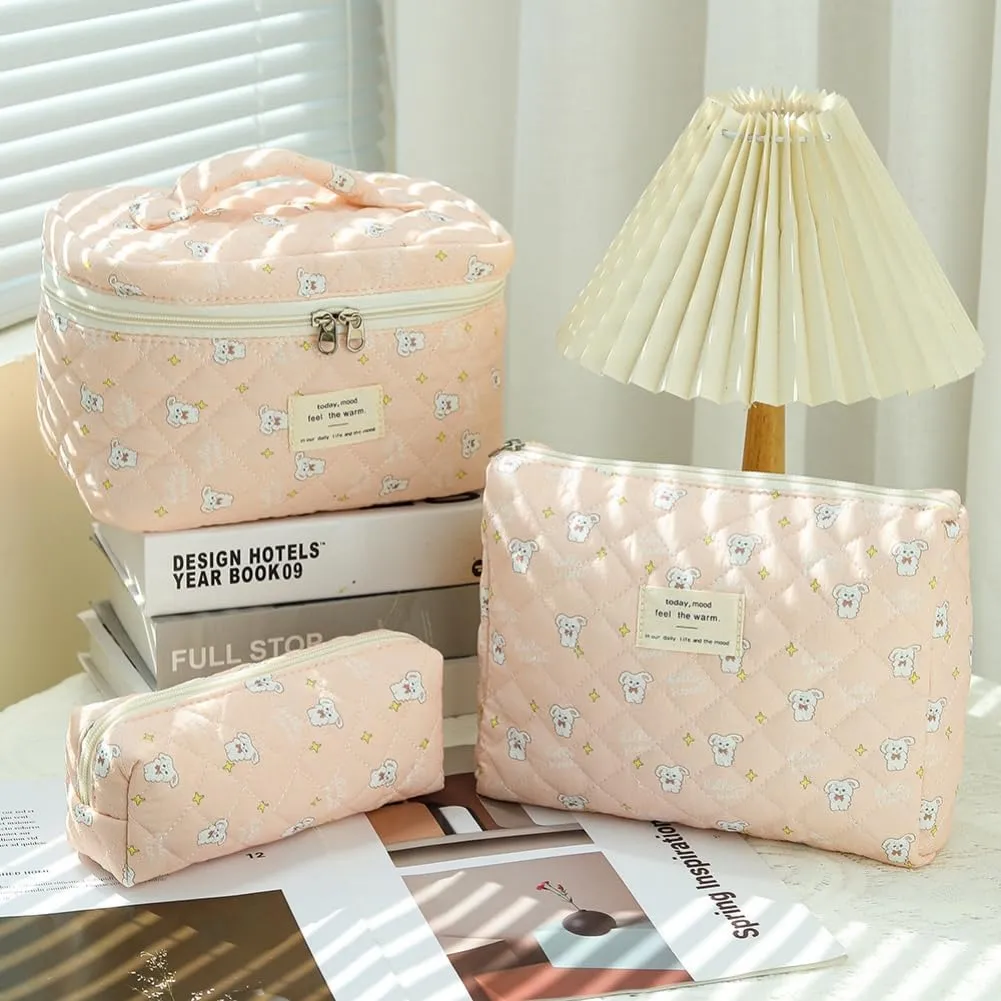 Aucuu Beauty Case Floreale Trapuntato in Cotone, Set da 3 Pezzi per Trucco e Toilette - immagine 7