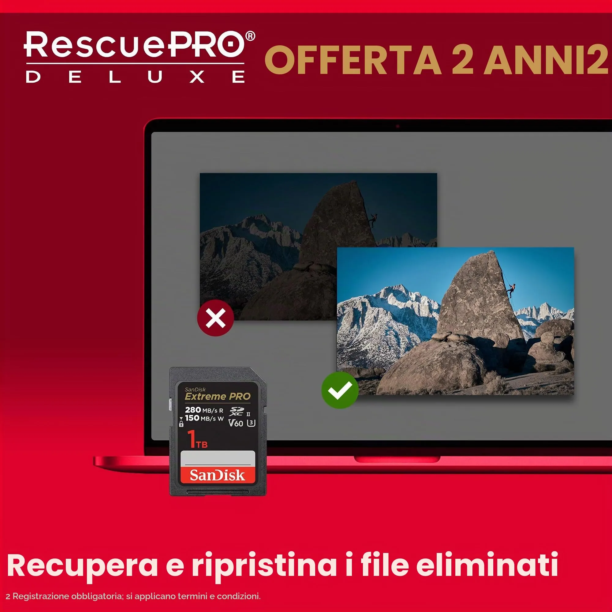SanDisk Extreme PRO 1TB SDXC SD Card V60 UHS-II 280 MB/s 6K 4K UHD Class 10 U3 RescuePro Deluxe - immagine 6