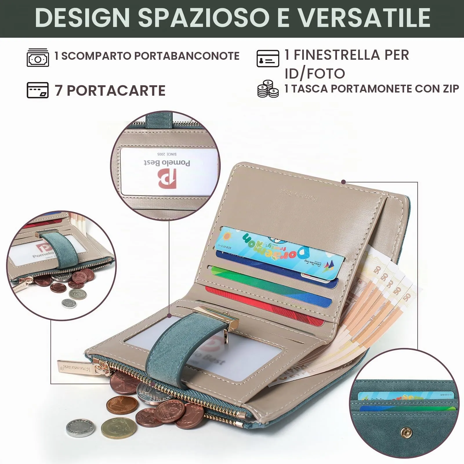 Pomelo Best Portafoglio Donna Compatto con Zip, Scomparti per Carte e Finestra Porta Documenti (Raso Blu) - immagine 2