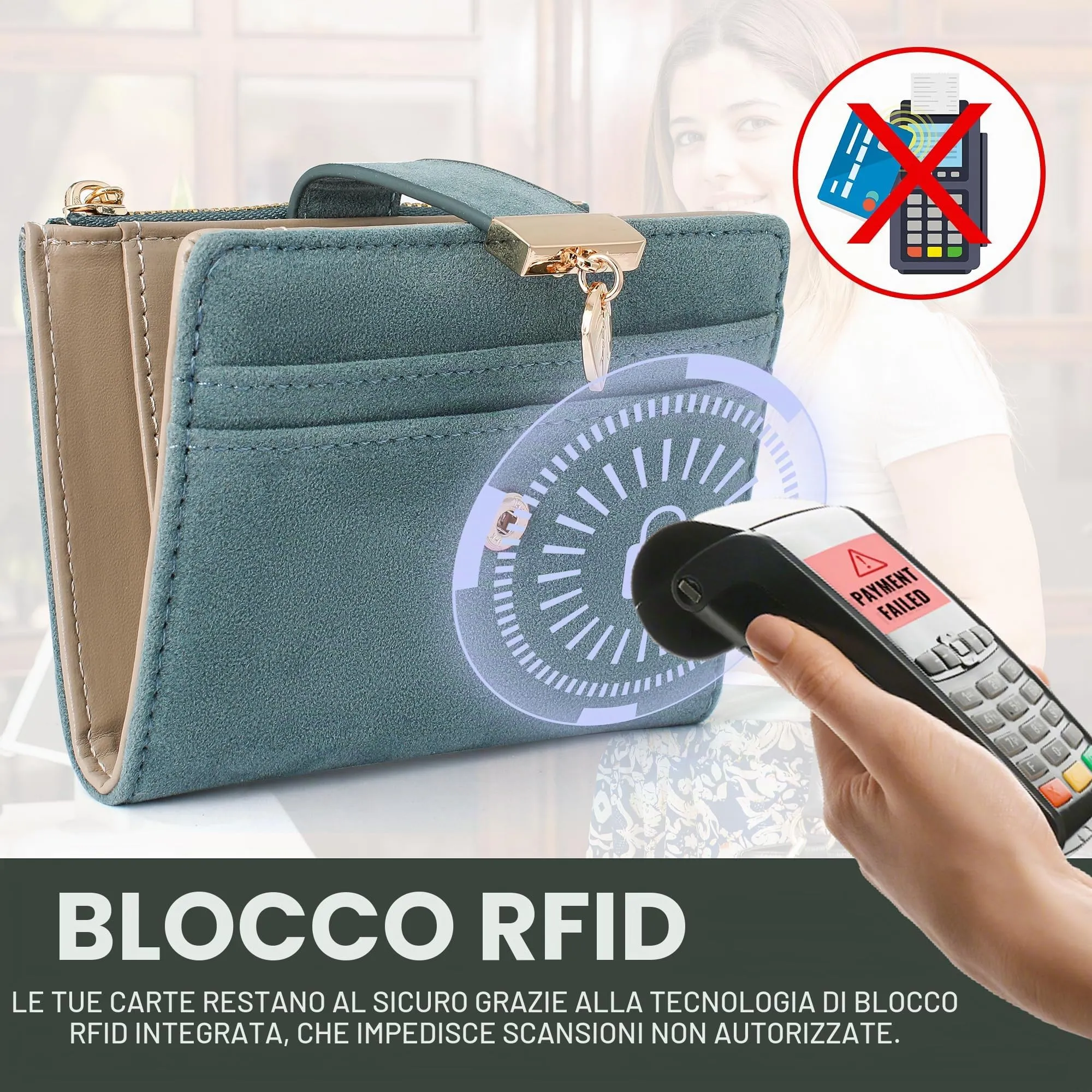 Pomelo Best Portafoglio Donna Compatto con Zip, Scomparti per Carte e Finestra Porta Documenti (Raso Blu) - immagine 3